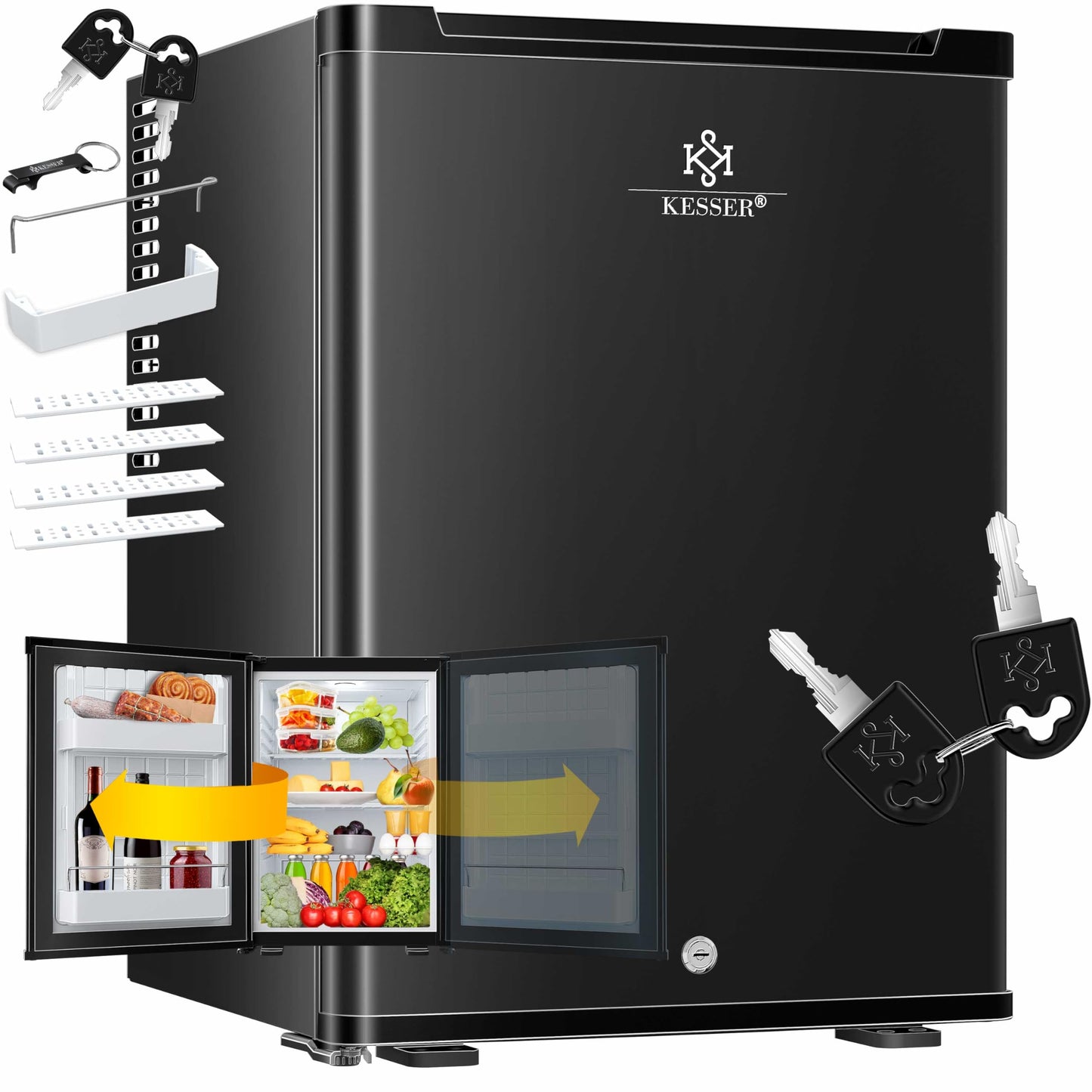 KESSER® Mini Fridge 40 L Lockable Mini Bar Ideal for Camping, Office, Bedroom, Hotel, Kitchen, Small Fridge Completely Silent, Interchangeable Door Hinge, Interior Lighting with Glass Opener
