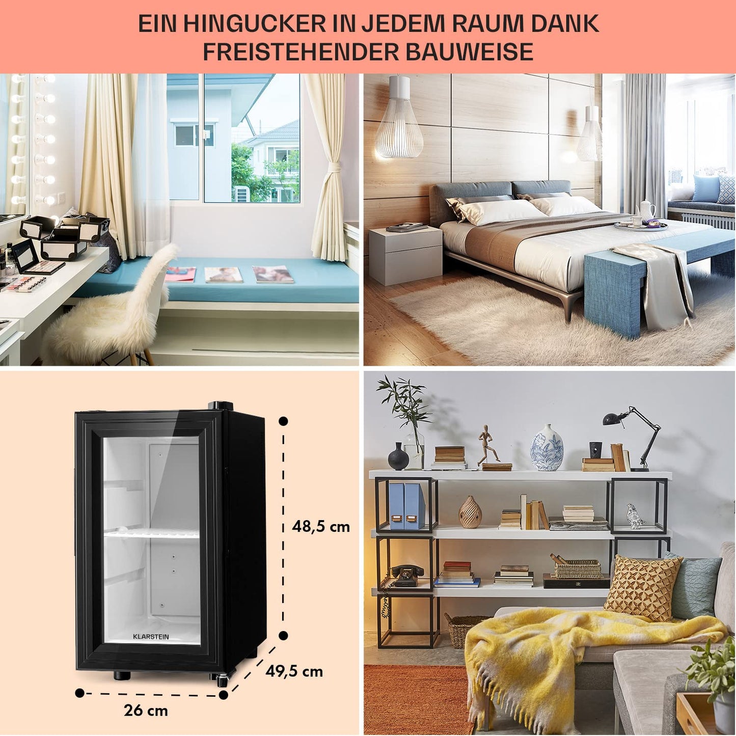Klarstein Kühlschrank, Mini Kühlschrank mit Glastüre, Mini-Kühlschrank für Getränke, Snacks & Kosmetik, Kühlschrank Klein & Leise, Verstellbare Ablagen, Kleiner Skincare Kühlschrank 12-18°C, 23L