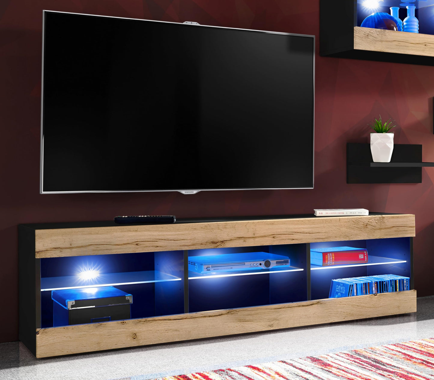 Komodee Tivoli Medio Wall Unit Living Room Set, Black/Black, Width 245 cm x Height 159 cm x Depth 35 cm, LED Blue, for Living Room, Bedroom