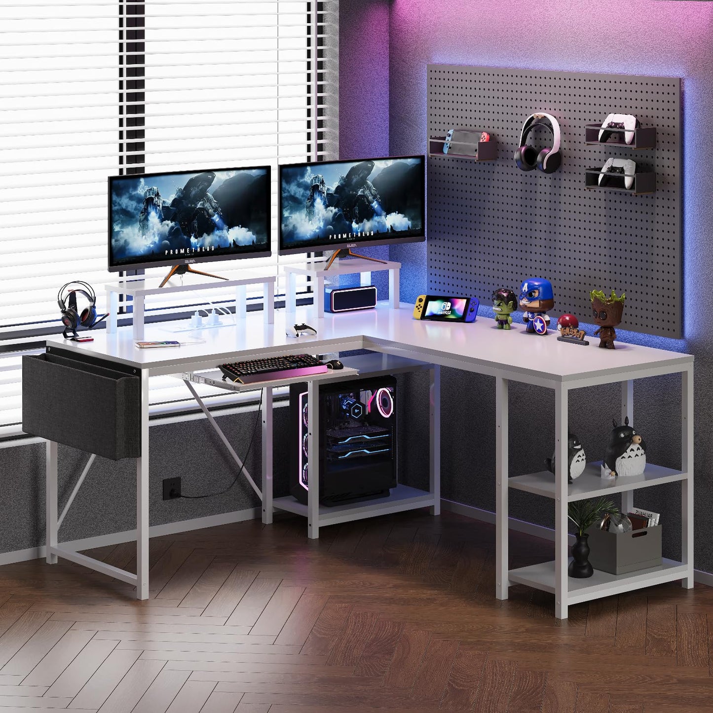 Flamaker Gaming Tisch l Form 140x140 cm - Eckschreibtisch mit RGB LED, Monitorständer & Ablagefach | 2 Steckdosen + 2 USB-Anschlüsse (Weiß)