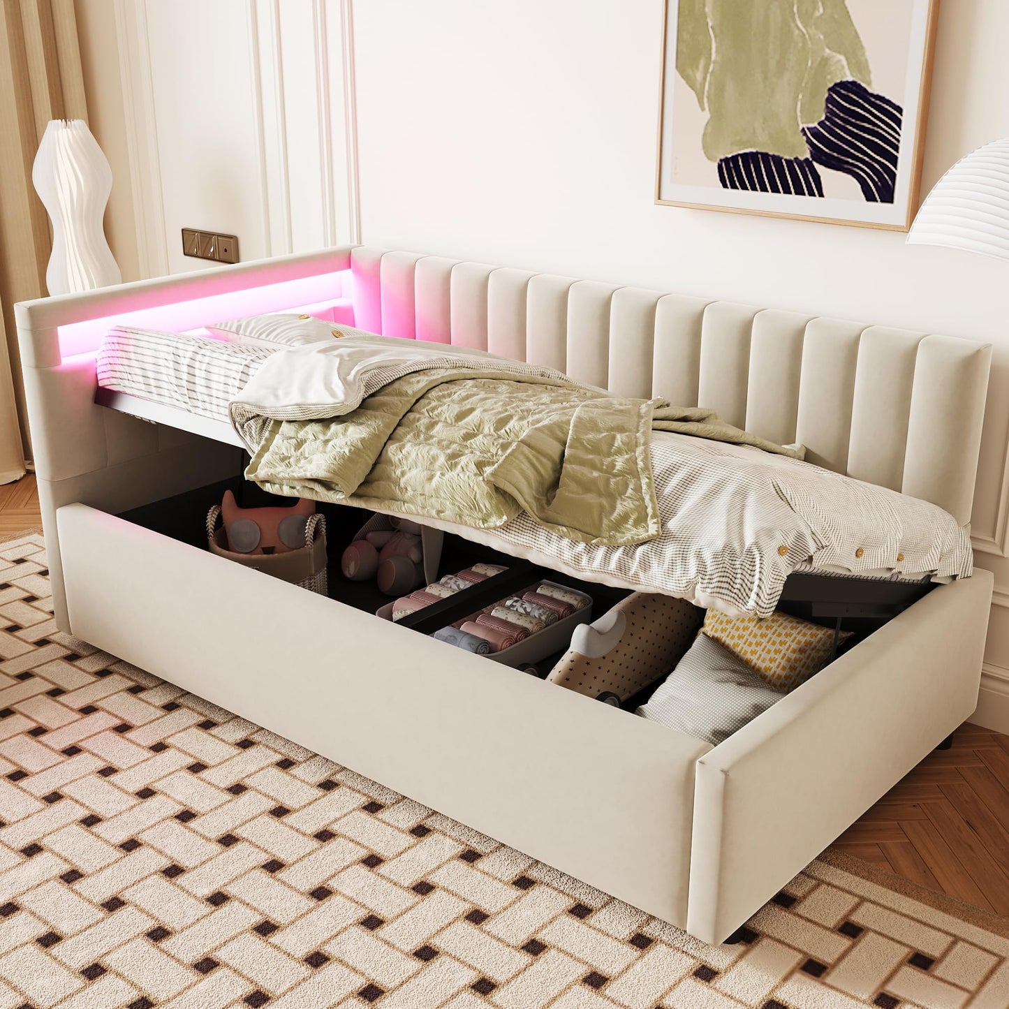 KEYIDE Upholstered Sofa Bed, 140 x 200 cm with LED Lighting and USB Charging, Bed Frame with Wooden Slatted Frame, Day Bed, Guest Bed, Youth Bed, Velvet Fabric, Without Mattress (Grey, 140 x 200)