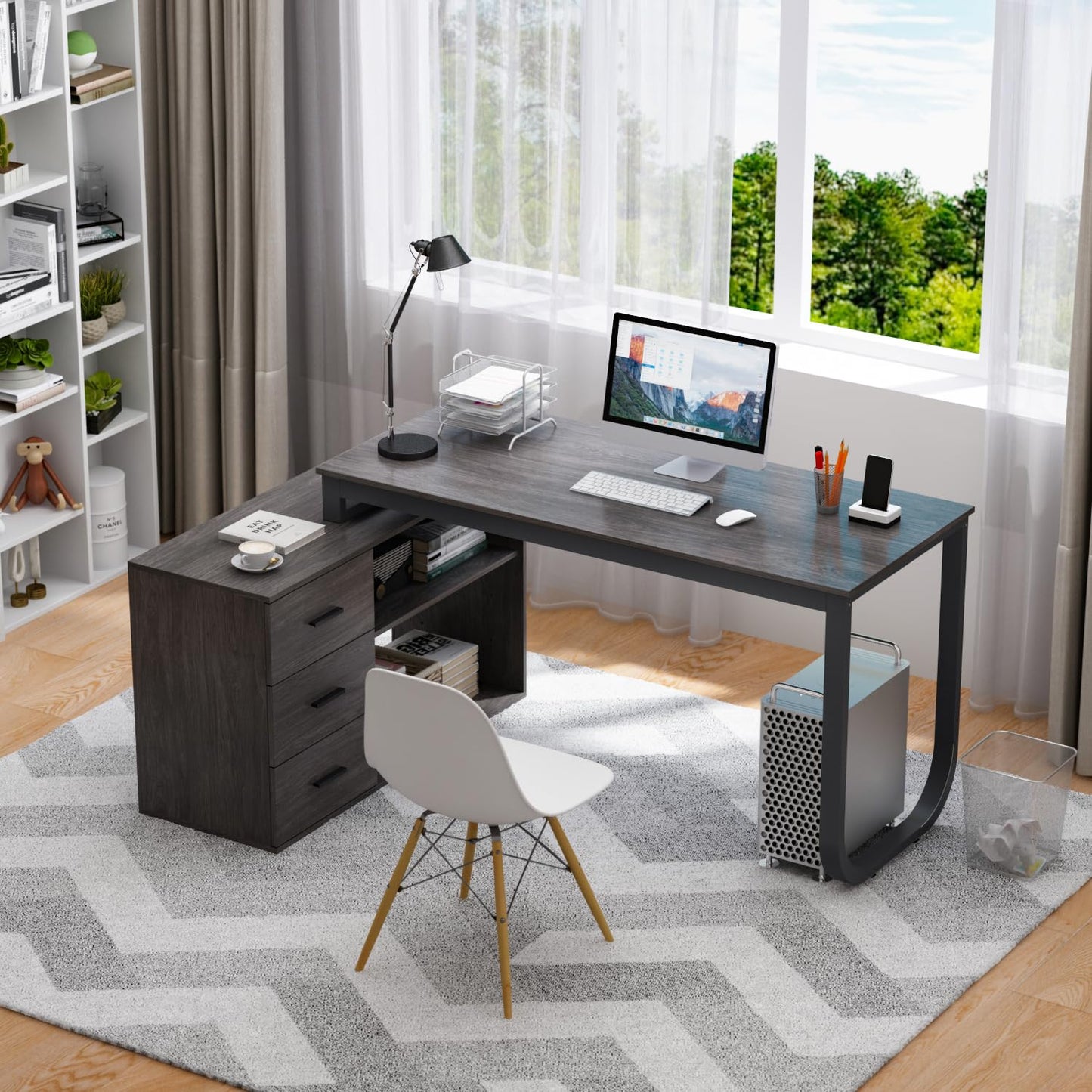 130cm Großer L Förm Schreibtisch mit 105cm Aktenschrank, Eckschreibtisch Computertisch mit 3 Schubladen & 2 Regalen, Arbeitsplatz Executive-Schreibtisch mit Lagerregal für Home Office (Schwarz)