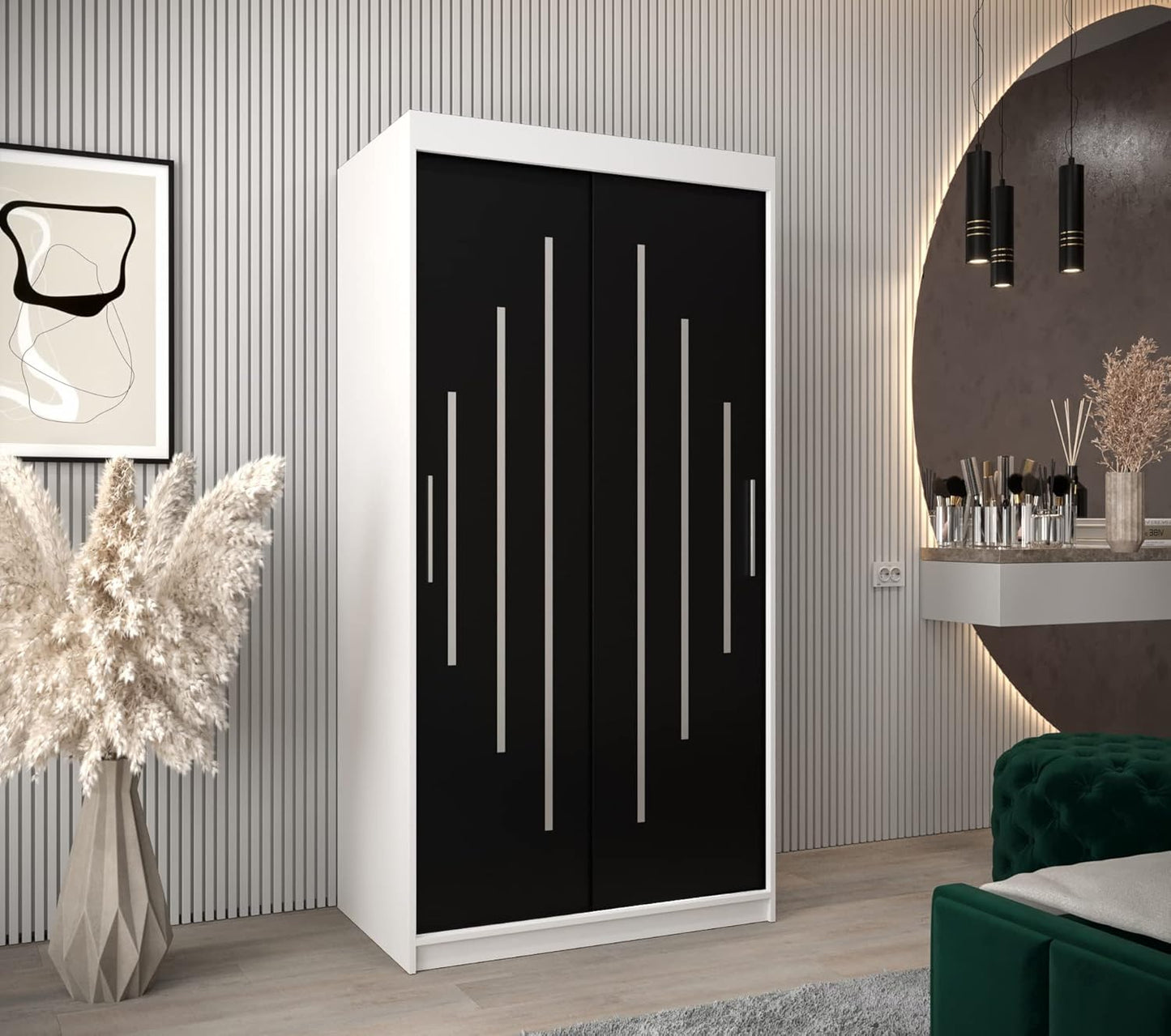 Kryspol Schwebetürenschrank York 250 cm Kleiderschrank mit Kleiderstange und Einlegeboden Schlafzimmer- Wohnzimmerschrank Schiebetüren Modern Design (Weiß)