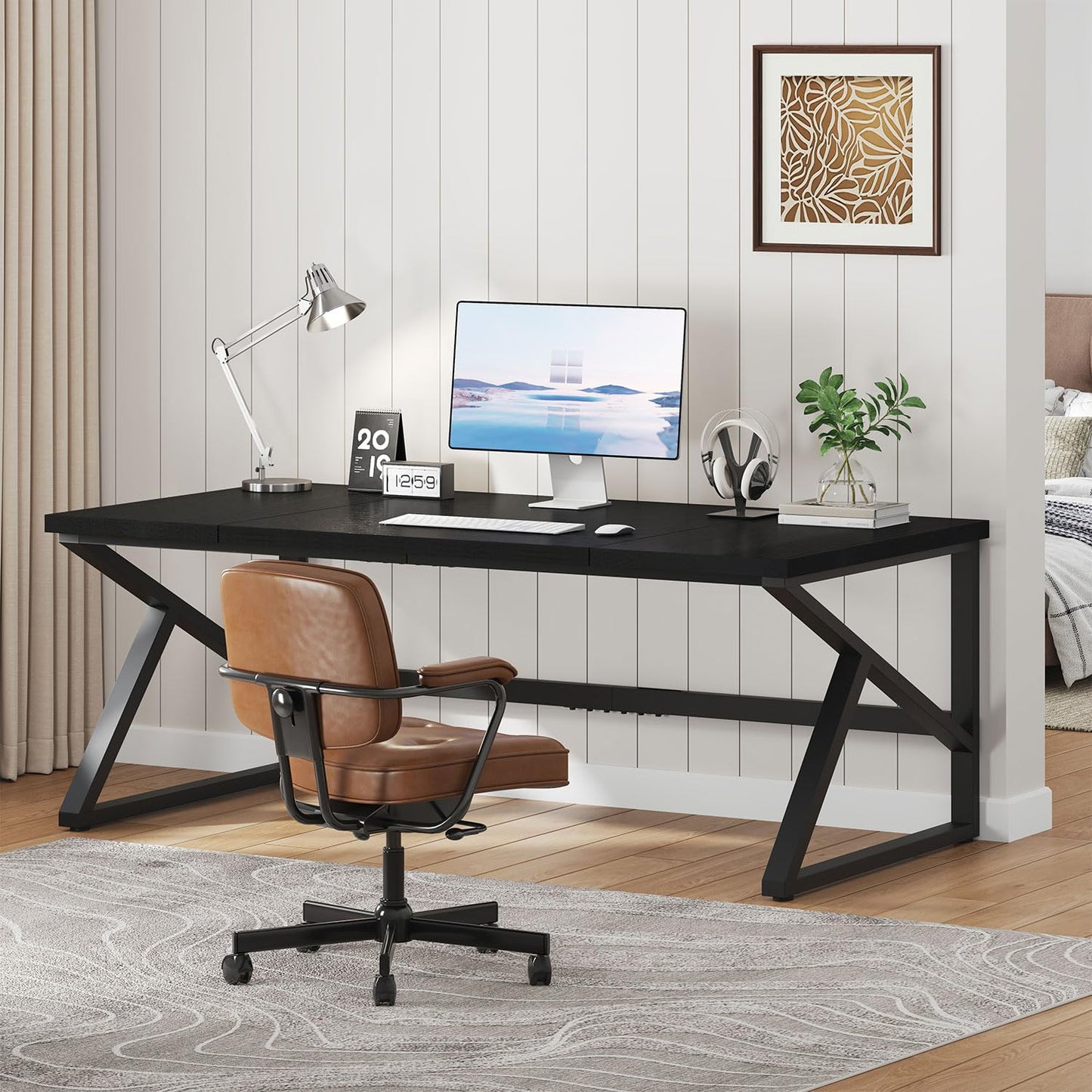 IBF Desk in Brown Colour with a Length of 70 Inches, Industrial Large Double Metal and Wood Desk for Computer, Long Office Table for Home