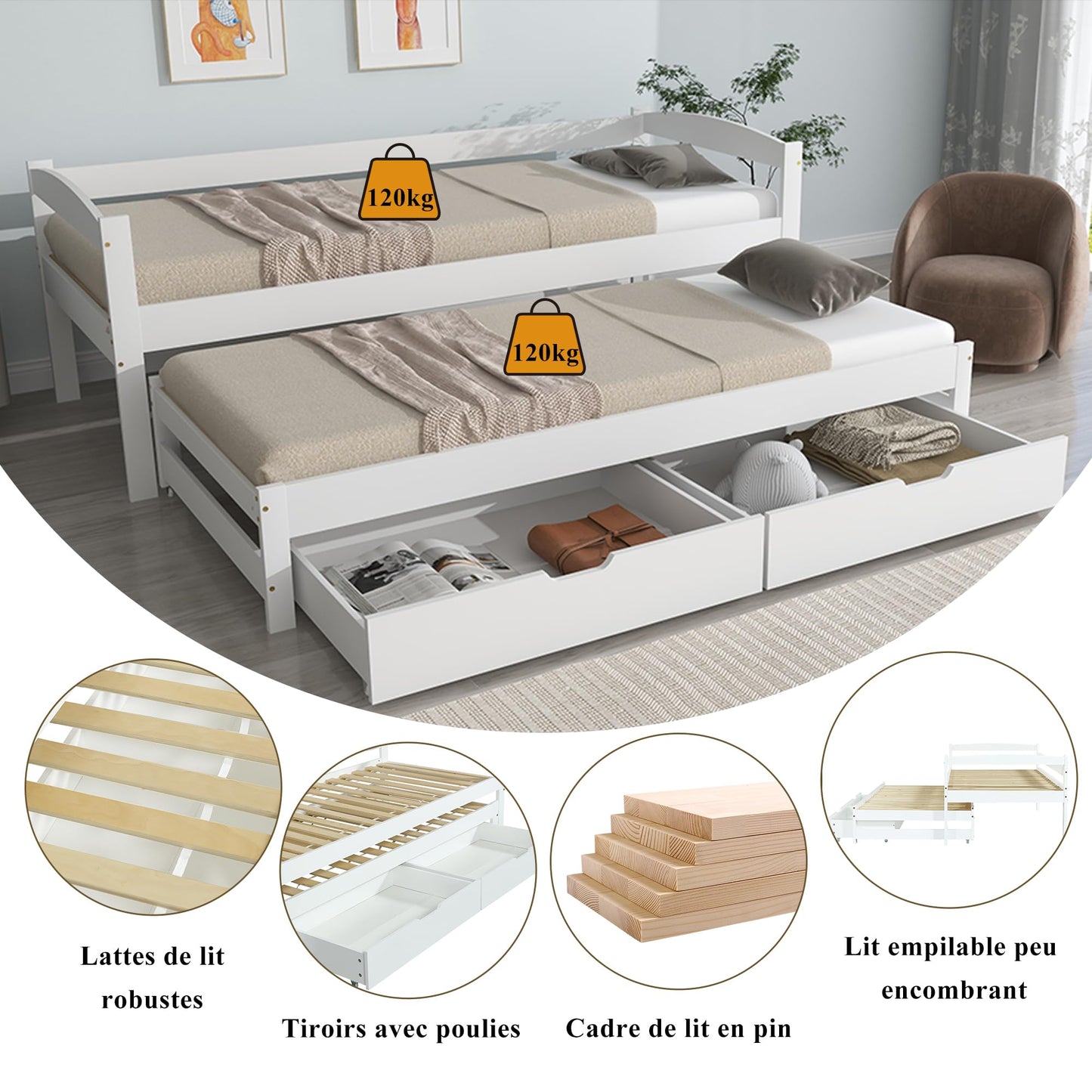 Children's Bed 90 x 200 cm, Wooden Bed with Drawers and Board, Headboard with Bookshelf and Fall Protection, Bed with Slatted Frame and Storage Space, Teenager's Bed, Functional Bed, Wooden Bed Frame,