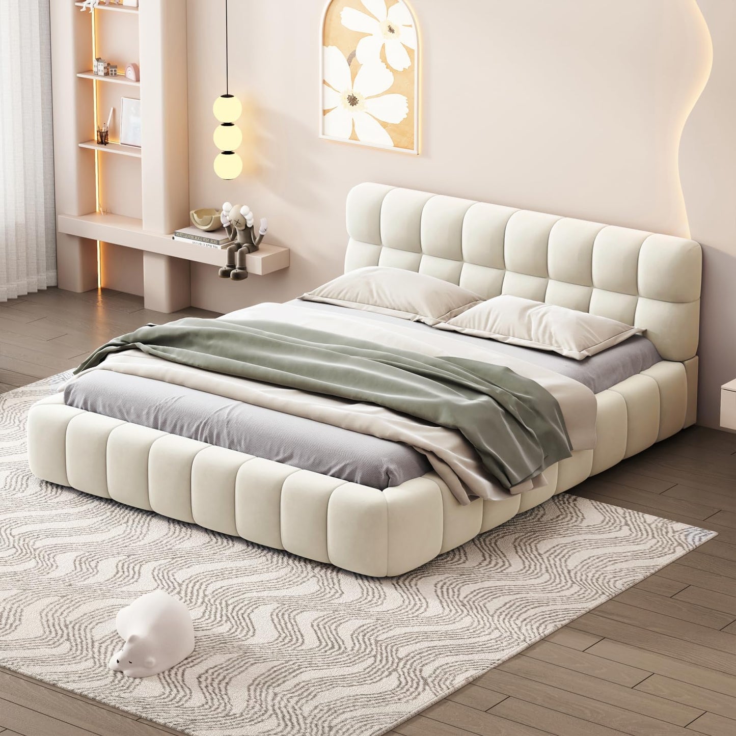 DULRLLY Bubble Bett Polsterbett 140x200 cm,Doppelbett mit Lattenrost, Jugendbett mit Gepolstertes Kopfteil, Gepolstertes Bett für Schlafzimmer und Gästezimmer,ohne Matratze, Leinenstoff (Weiß)