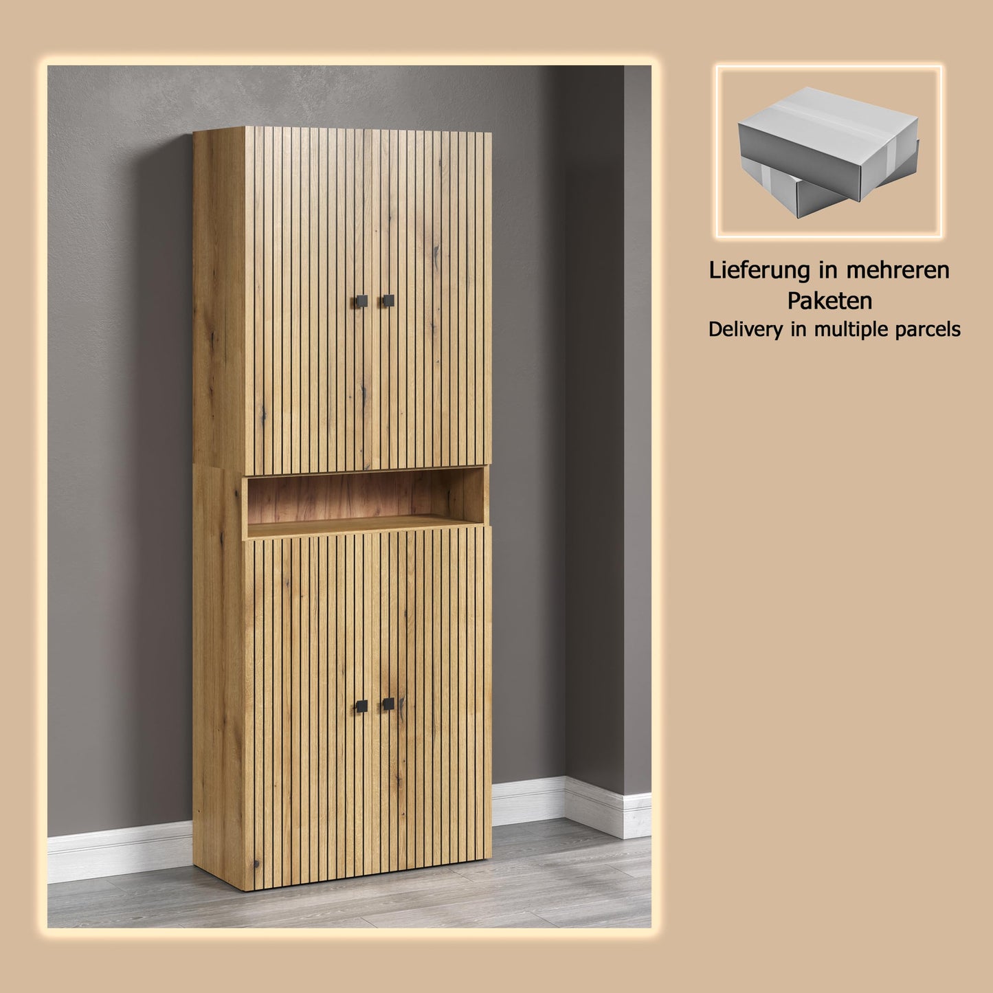 trendteam smart living - PureBliss - Hochschrank - Eiche - Badezimmerschrank in moderner Rillenoptik - edle Metallgriffe - (BxHxT) 40 x 186 x 31 cm - 2 praktische Einlegeböden - kratzfest