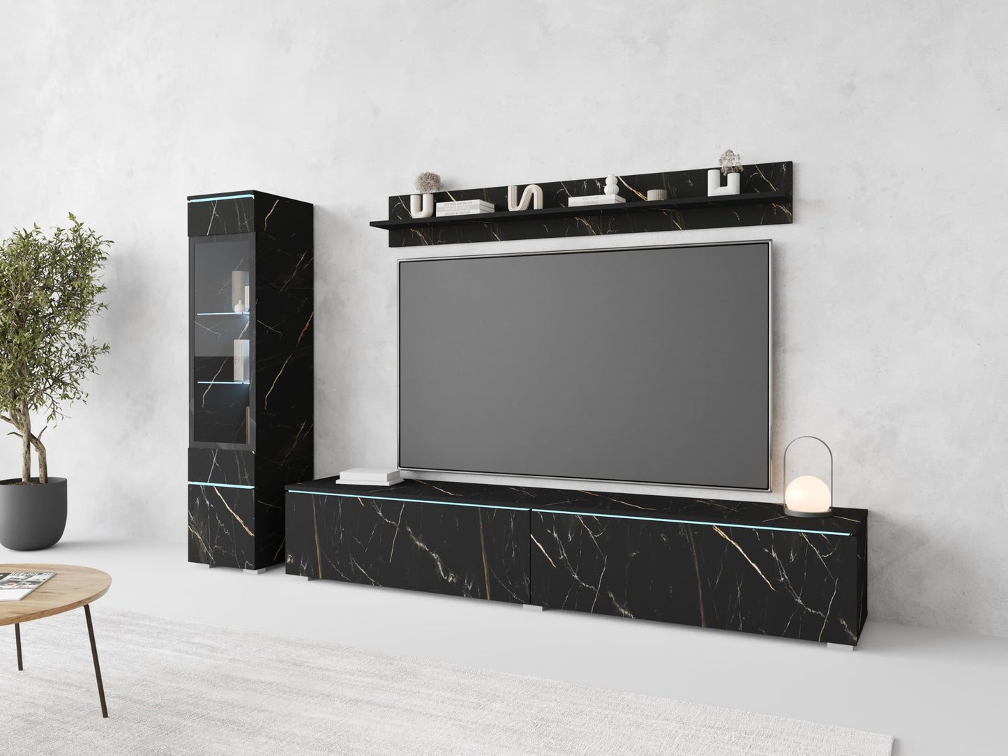 MINIO go for it Veve 2, 4-Piece Wall Unit Set, Hanging or Standing, 2 x Tall Cabinet Display Cabinets, Lowboard, Wall Board, Laminated Clamping Plate, Wotan Oak and Black Gloss, without Lighting