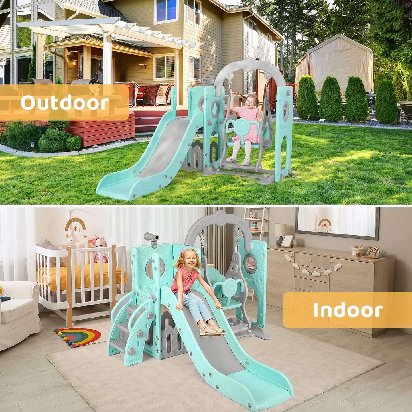 Swing Slide, 5-in-1 Children's Slide with Swing, Climbing Frame, Telescope, Storage, Indoor and Outdoor Freestanding Slide, Playground for Toddlers, for Max 60 kg from 1-6 Years, 2 Pieces Modules
