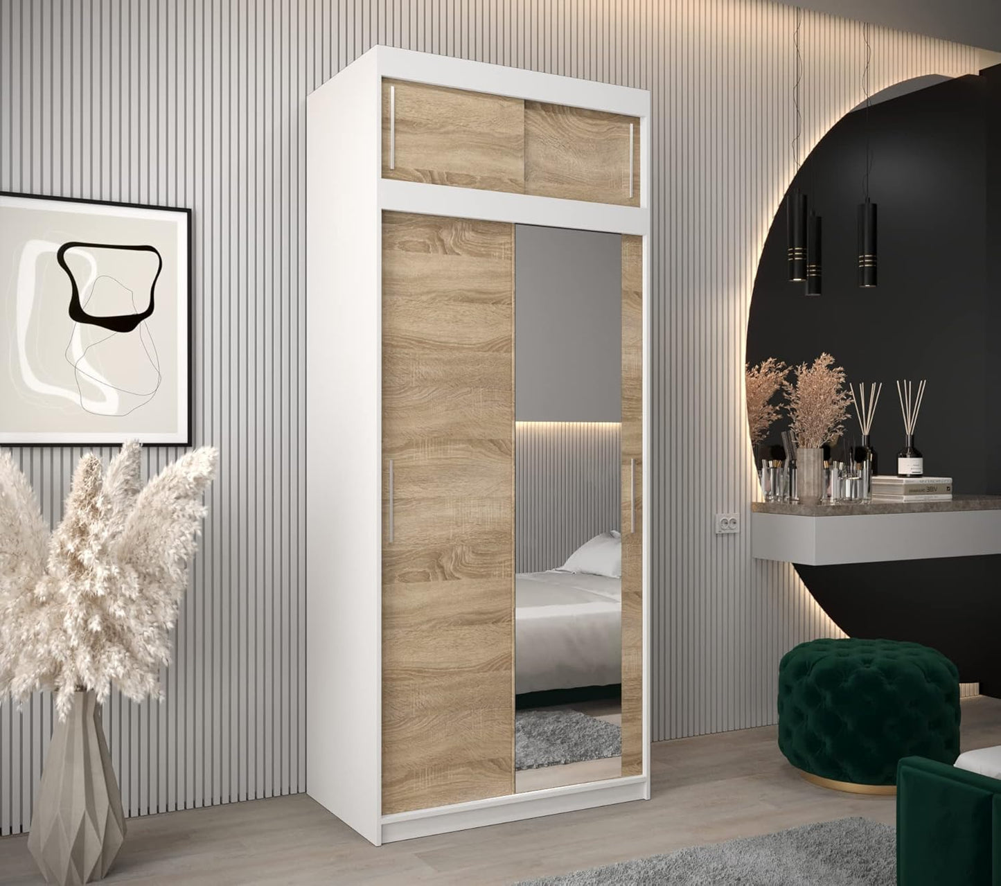 MEBLE KRYSPOL Kleiderschrank mit Spiegel Tokyo 2 - Garderobenschrank - Schrank Schlafzimmer - Mehrzweckschrank DREI Schiebetüren - Regalen - Flur Möbel - Kleiderstange Schrank - Allzweckschrank