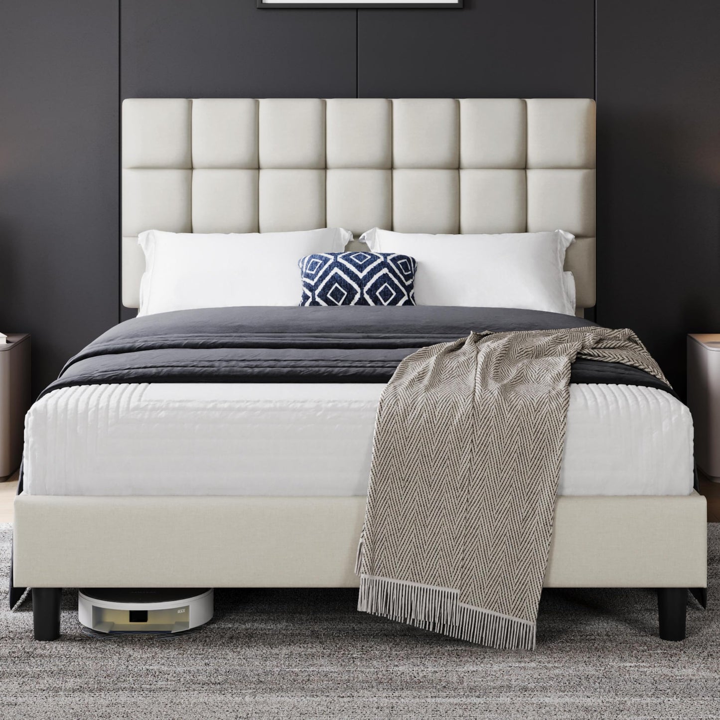 Yaheetech Upholstered Bed 140 x 200 cm Double Bed with Height-Adjustable Headboard, Sturdy Bed Frame, Fabric Bed with Slatted Frame, Padded Bed Frame, Youth Bed, Dark Grey
