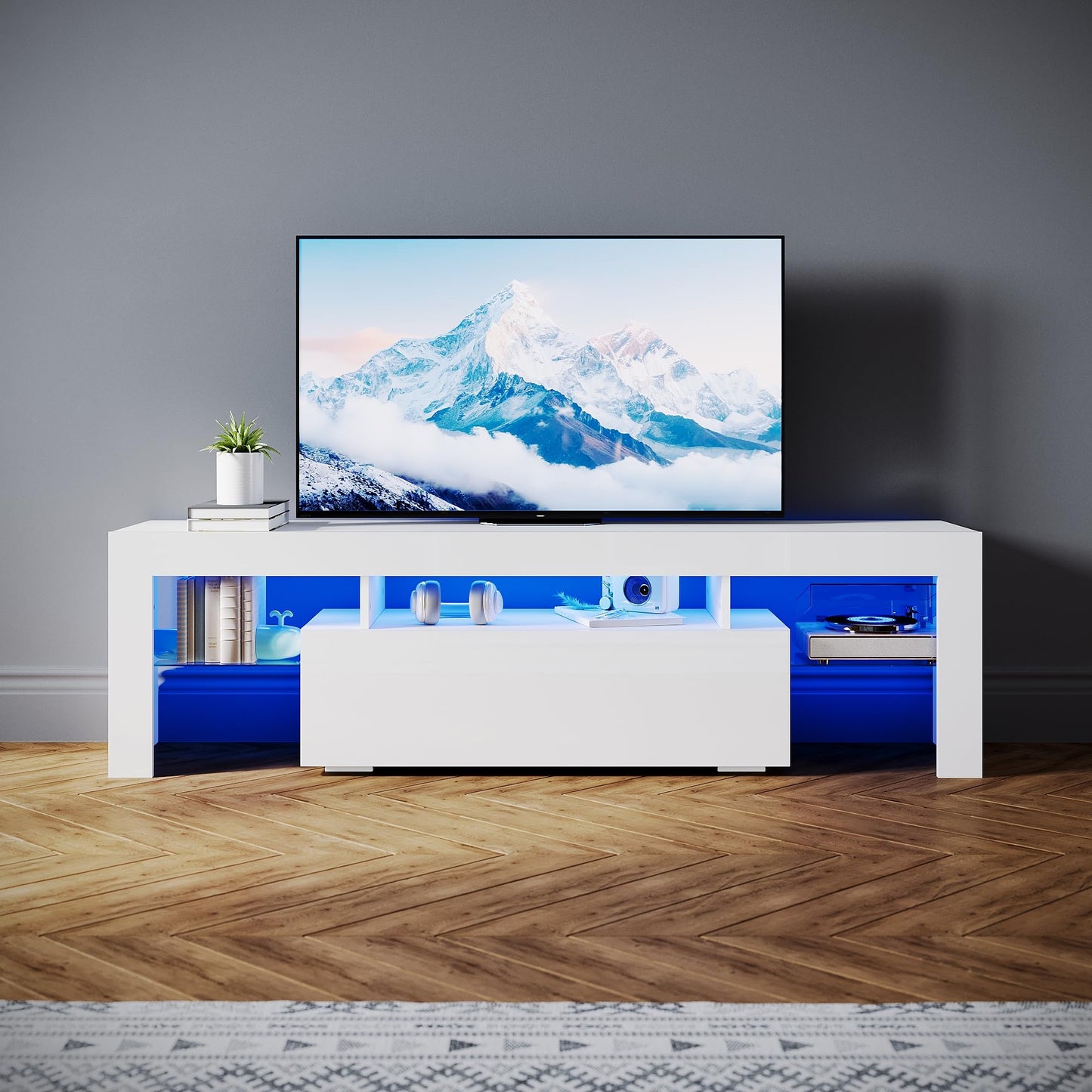 SONNI Modern TV Cabinet 180 cm, Lowboard High Gloss White with 16 Colours LED Lighting, Drawer, Open Glass Shelves, TV Stand for TVs up to 65 Inches, Living Room & Bedroom, 180 x 35 x 45 cm