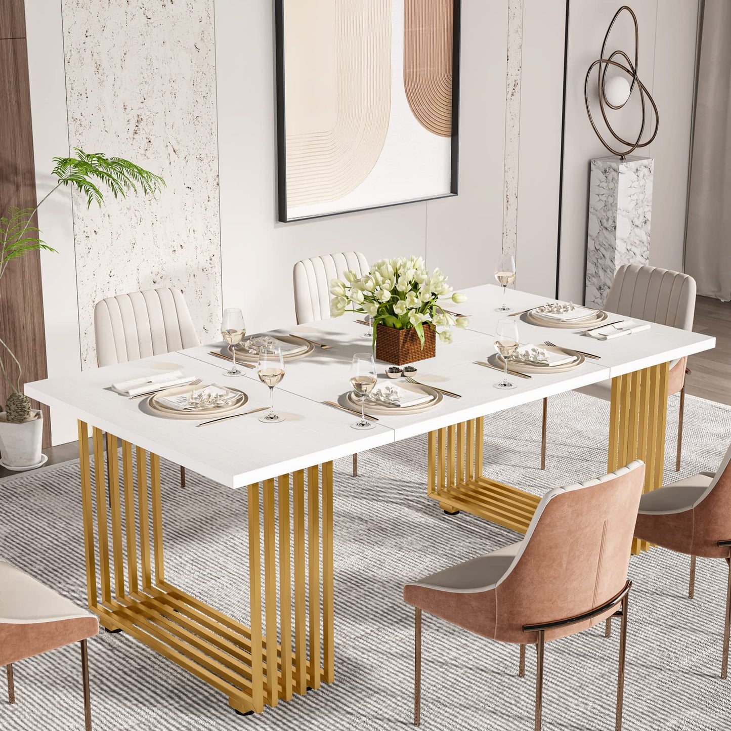 Tribesigns Moderner Esstisch für 6-8 Personen, 70,8 Zoll lang, weißer Esszimmertisch für Küche, Holz Küchentisch mit goldenen Metallbeinen, rechteckiger Esstisch für Esszimmer, Familientreffen