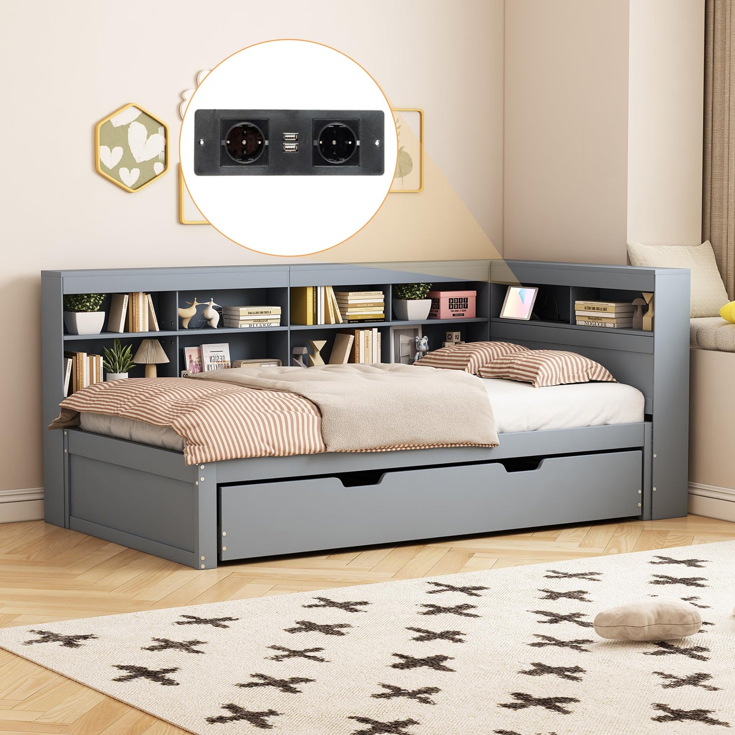 xixiworkshop Kinderbett 90x200cm Ausziehbett Bett mit Stauraum und USB-Steckdose/Mehreren Ablagefächern multifunktionales Jugendbett/Gästebett/Doppelbett mit Stauschrank Lattenrost,Ohne Matratze,Grau