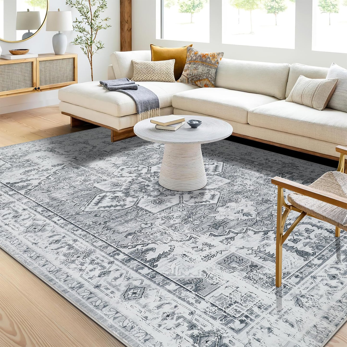 WONGS BEDDING Boho Rug Living Room Bedroom Short Pile Rugs Washable Soft Non-Slip Vintage Design