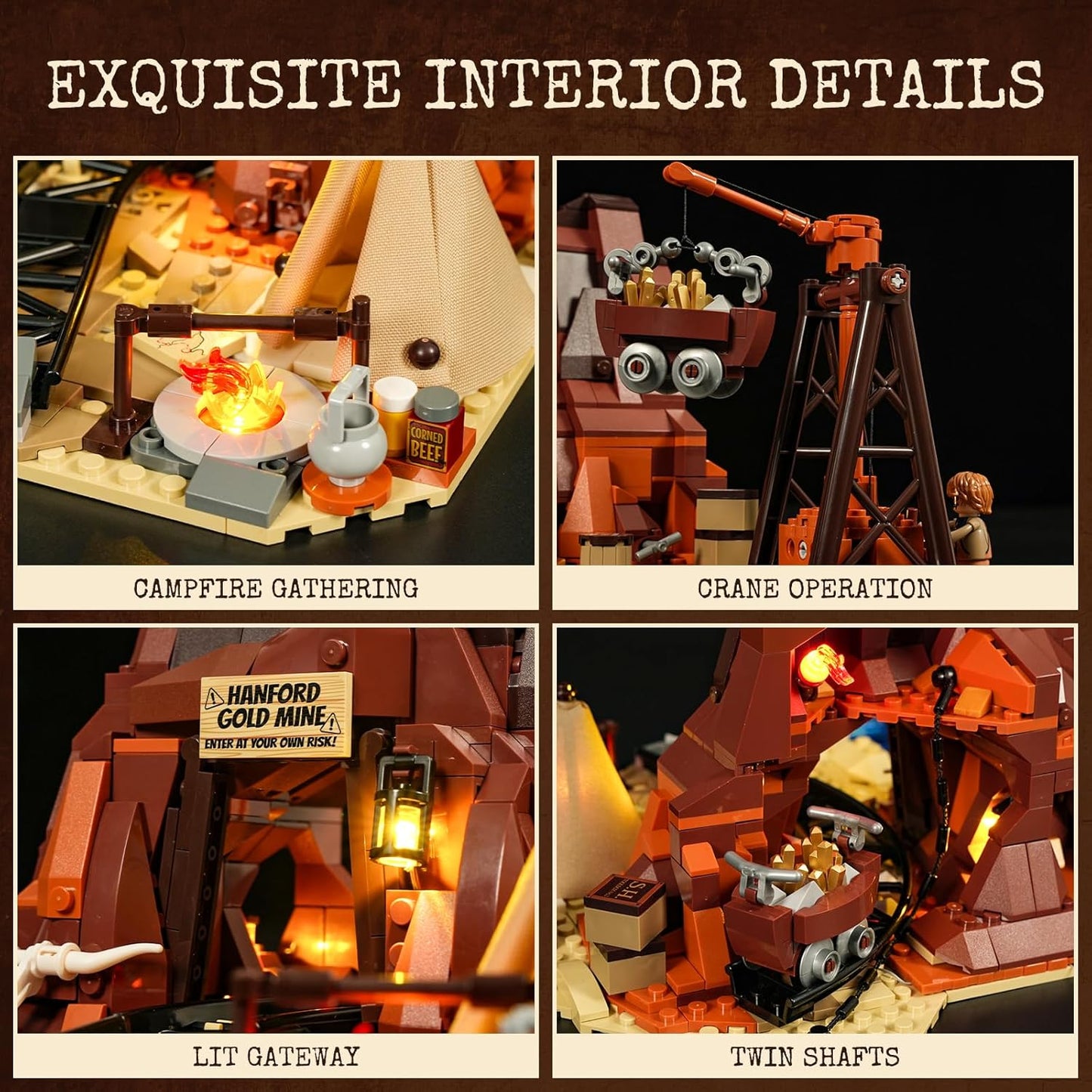 FUNWHOLE Goldmine Building Set with Lighting - 658 Building Blocks Western Mining Camp with Working Lorenwagon, Dynamite, Double-Sided Mini Figures & Tunnels - Wildwest Set for Adults & Teenagers