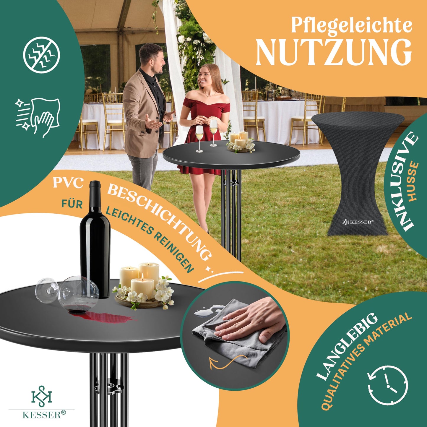 KESSER® Gastro Bar Table Folding Bistro Table Powder-Coated Stainless Steel Top Height-Adjustable Feet Party Table Diameter 80 cm Indoor and Outdoor Reception Table Folding Table Including Cover Black