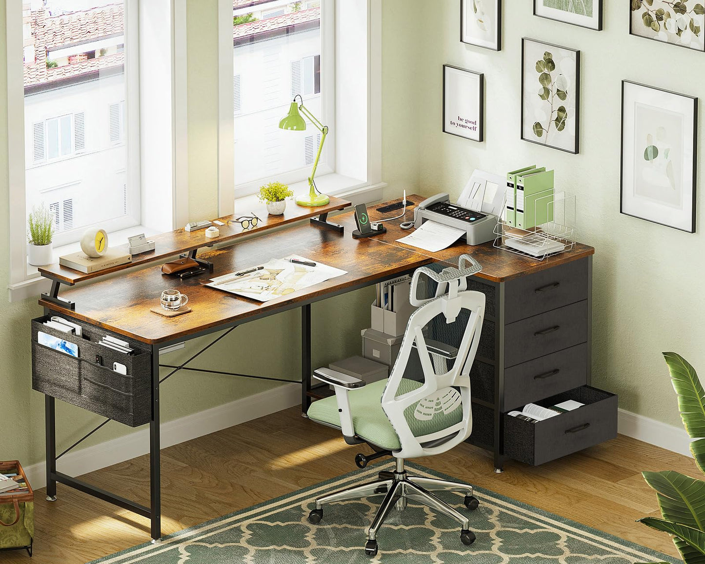 ODK Corner Desk with 4 Fabric Drawers, 140 x 80 cm, Desk L Shape Reversible with USB Charging Port and Socket, L Shaped Desk with Monitor Shelf for Home Office, White