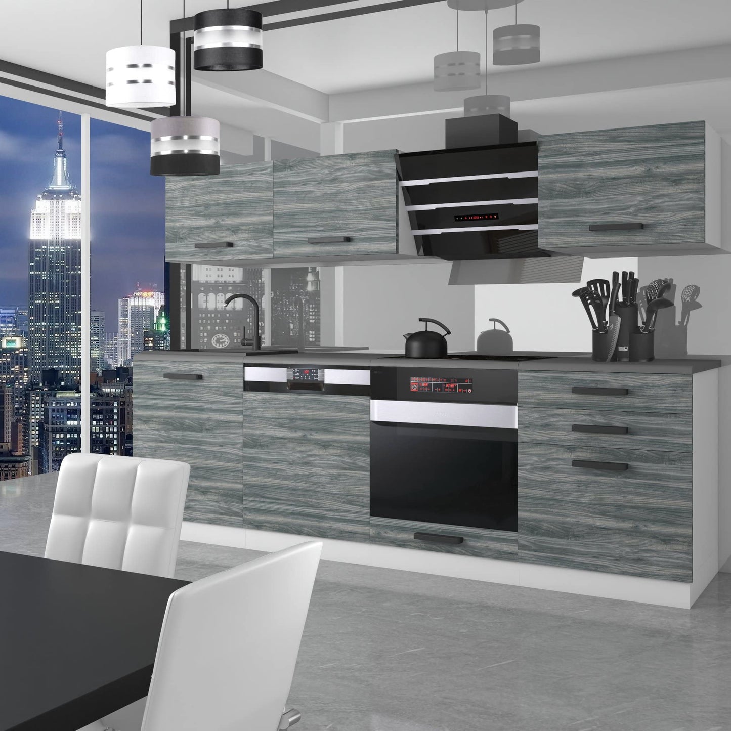 Belini Linda Kitchen Unit, Kitchen Furniture 240 cm, Fully Equipped without Electrical Appliances, with Wall Cabinets and Base Cabinets, with Worktops, Matt White
