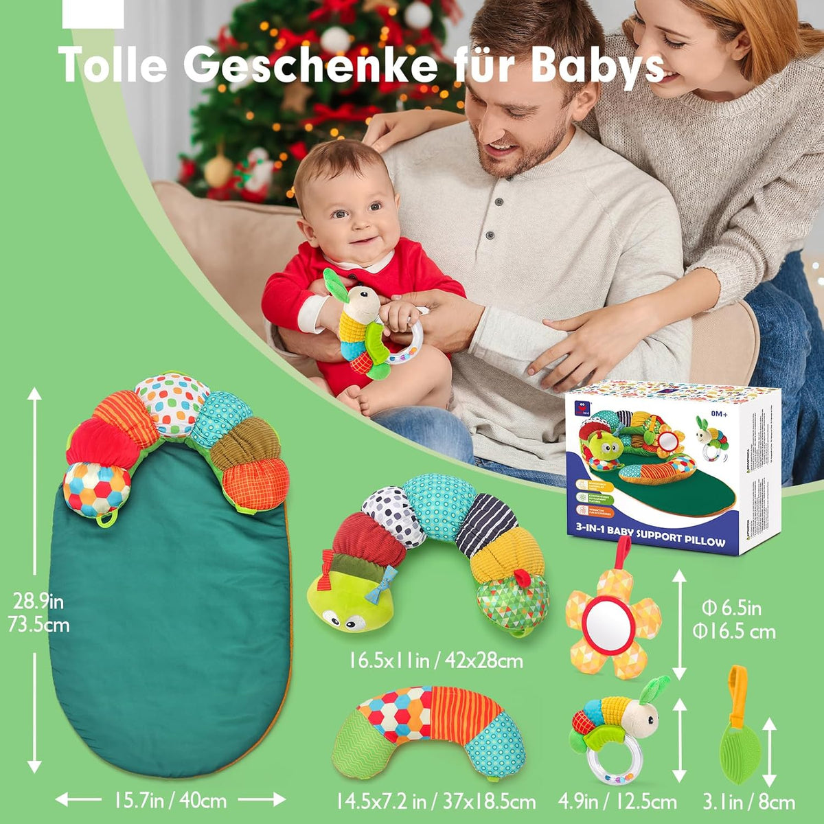 hahaland Baby Toy 3 6 9 12 Months, 3-in-1 Removable Caterpillar for Baby Prone Position Help Sit Support, Tummy Time Toys Play Cushion with Rattle, Teething Ring, Mirror for Baby Toys from 0-6-12