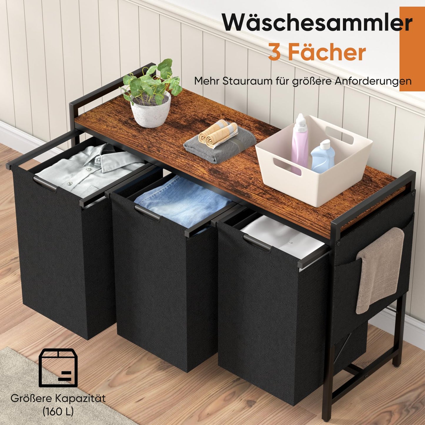 Laundry Basket, 3 Compartments, Laundry Hamper with Shelf, Total Capacity 160 L, Oxford Fabric Laundry Bag, Extendable, Removable, Laundry Box with Side Pockets and X-Shape Holder (3