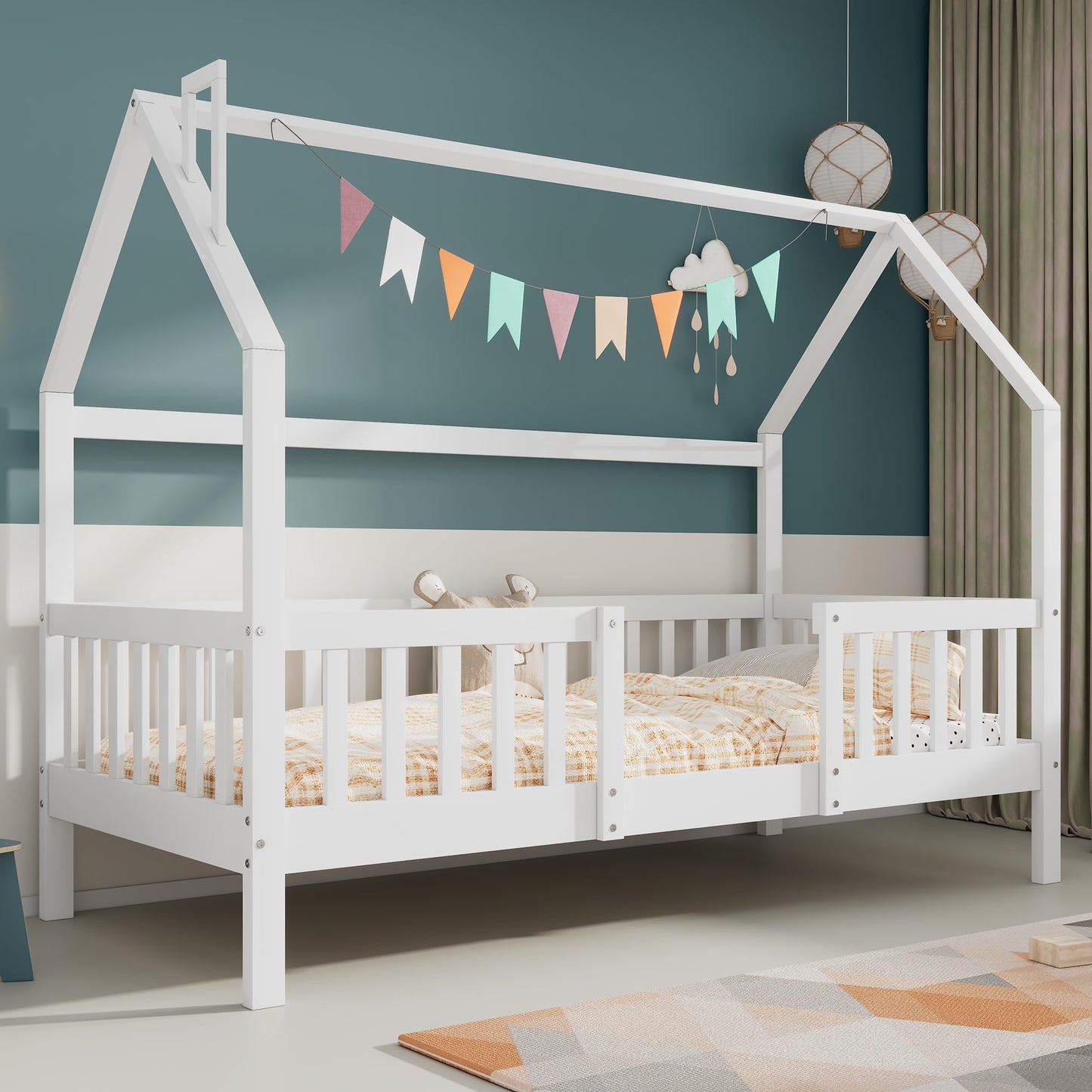 Merax Kinderbett 90x200cm mit Rausfallschutz, Kinder Hausbett mit Schubladen und Ablageregal, Stabiles Holz Baumhausbett mit Lattenrost, Spielbett für Jungen & Mädchen, Weiß