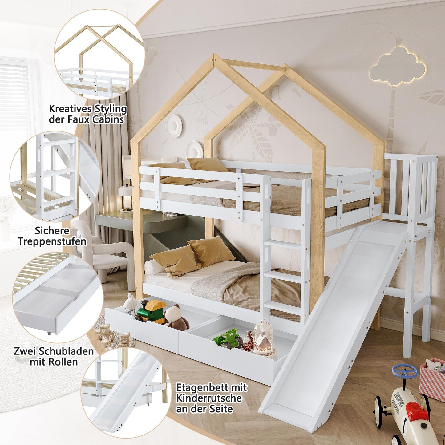xixiworkshop Kinderbett 90x200cm Ausziehbett Bett mit Stauraum und USB-Steckdose/Mehreren Ablagefächern multifunktionales Jugendbett/Gästebett/Doppelbett mit Stauschrank Lattenrost,Ohne Matratze,Grau