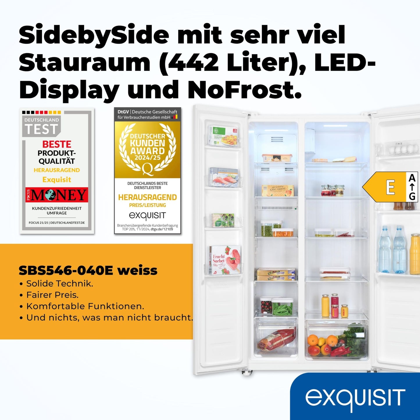 Exquisit SBS546-040E Side-by-Side Fridge-Freezer, 442 Litres, No-Frost, LED Display, 10 Shelves, Quiet Operation, 91 cm Width, White