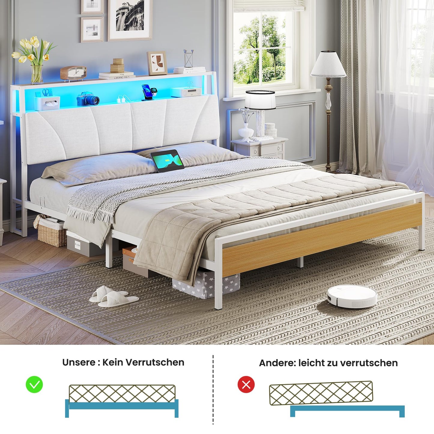 Brinlawb Bed 140 x 200 cm with Metal Slatted Frame, Bed Frame 140 x 200 cm with LED Lighting, Metal Bed 140 x 200 cm with Headboard and Charging Station (2 AC Sockets, 2 USB Ports), Youth Bed, Double