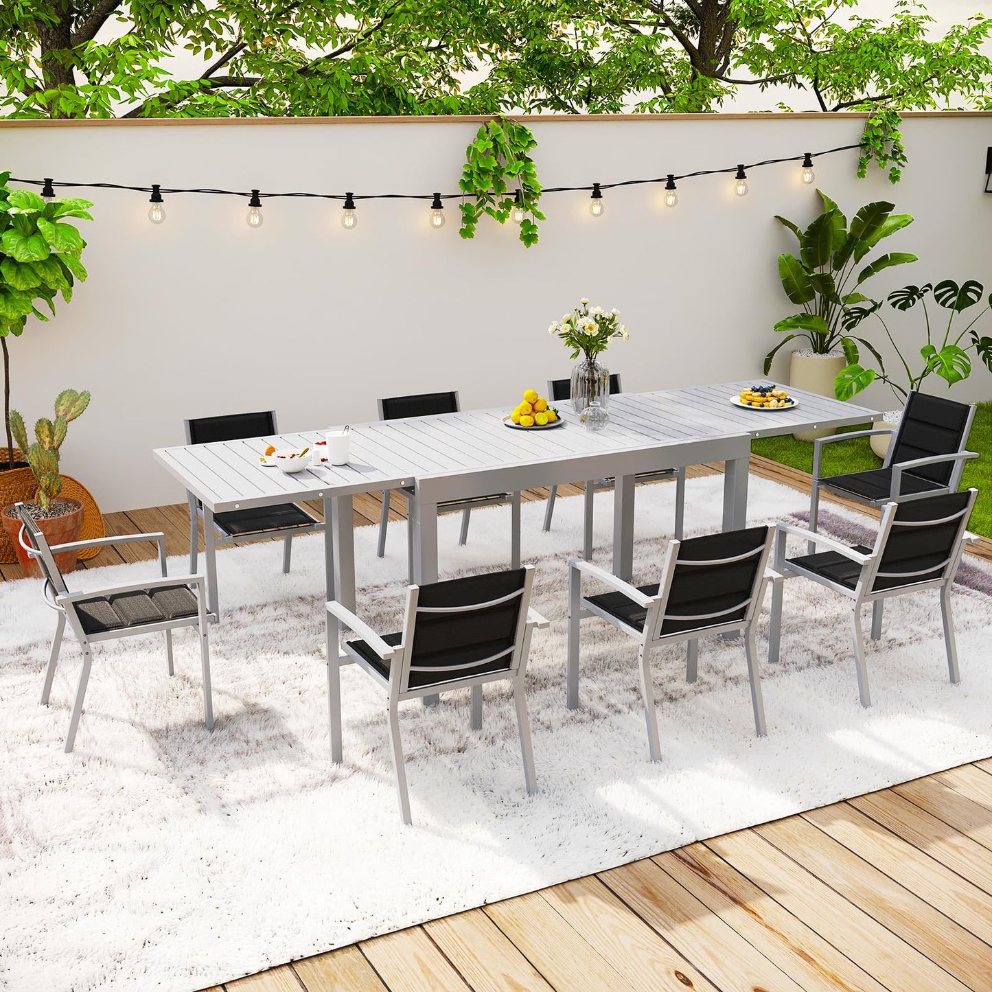 Devoko Garden Furniture Set for 8 People, 8 + 1 Aluminium Table and Chairs Set, Balcony Furniture, 8 Stackable Garden Chairs and 1 130/260 cm Stretchy Garden Table, Patio Furniture Sets Outdoor