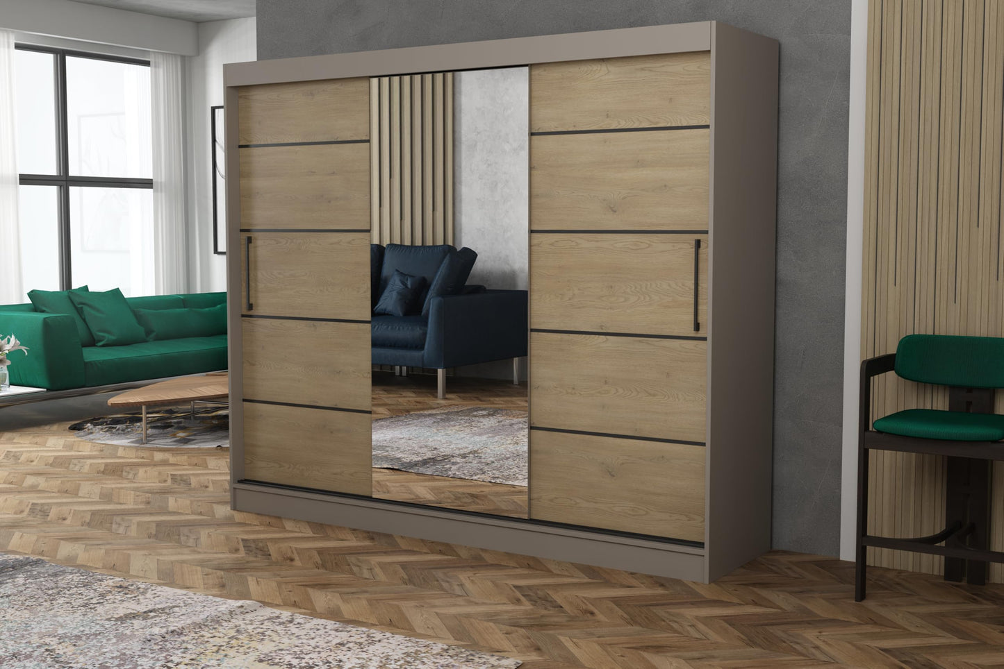 Brent - Kleiderschrank mit Spiegel und Schubladen 235cm Breit Chelsea Tomy, Schwebetürenschrank mit Spiegel, Schlafzimmerschrank, Kleiderschrank Schwarz