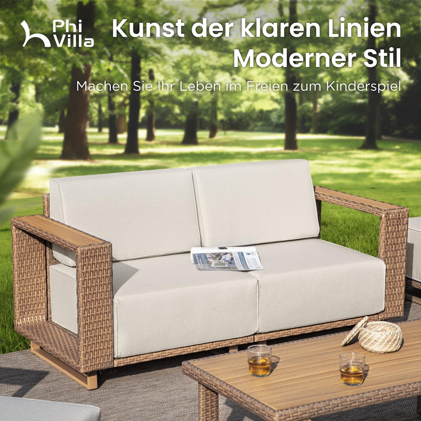 PHI VILLA Rattan Gartenmöbel Set Balkonmöbel für 6, Lounge Möbel Outdoor Sofa Sets für Garten und Terrasse, Allwetter Gartensofa Terassenmöbel Außen mit Dicken Weißen Kissen und Ergonomischem Design