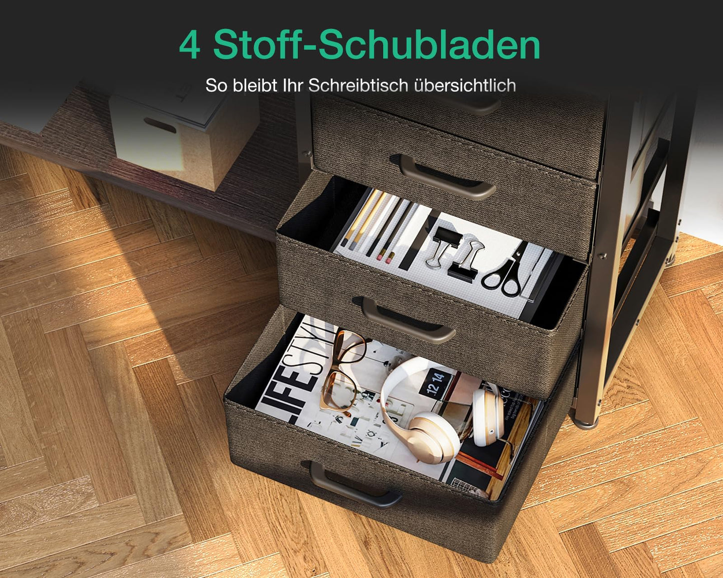 ODK Schreibtisch mit Schubladen, Reversible Eckschreibtisch mit 2 Steckdosen und 2 USB Ladeanschluss, Bürotisch L Form mit LED für Home Office 135×110cm (Graueiche)