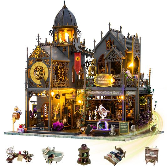Mostop DIY Miniature Dollhouse Kit,Wooden Dollhouse Construction Kit,Miniature House Kit with LED Light und Bewegungen,Creative Room Idea for Children/Adults,Magic House,DIY Kits (Twilight Book City)