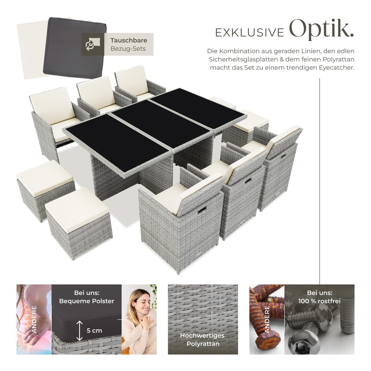 tectake Polyrattan Gartenmöbel Set, Sitzgruppe mit 6 Stühle +1 Glasplatte Tisch + 4 Hocker, Gartenlounge Set klappbar, für bis zu 10 Personen, Balkon Möbel, inkl. 2 Bezugsset - Natur