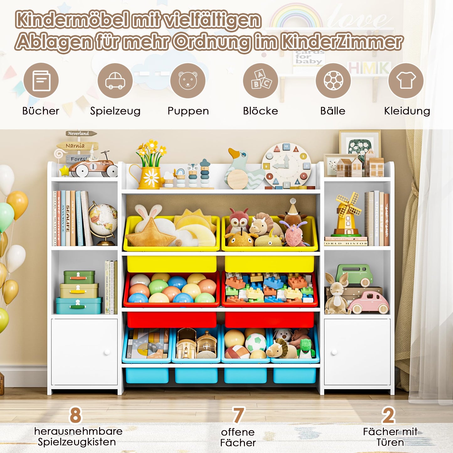 FOREHILL Kinderregal mit 8 Boxen Kinderschrank Holz Bücherregal für Kinder Aufbewahrungsbox Kinderzimmer Möbel mit Spielzeugkiste 138,8 x 94,3 x29,6 cm (rosa)