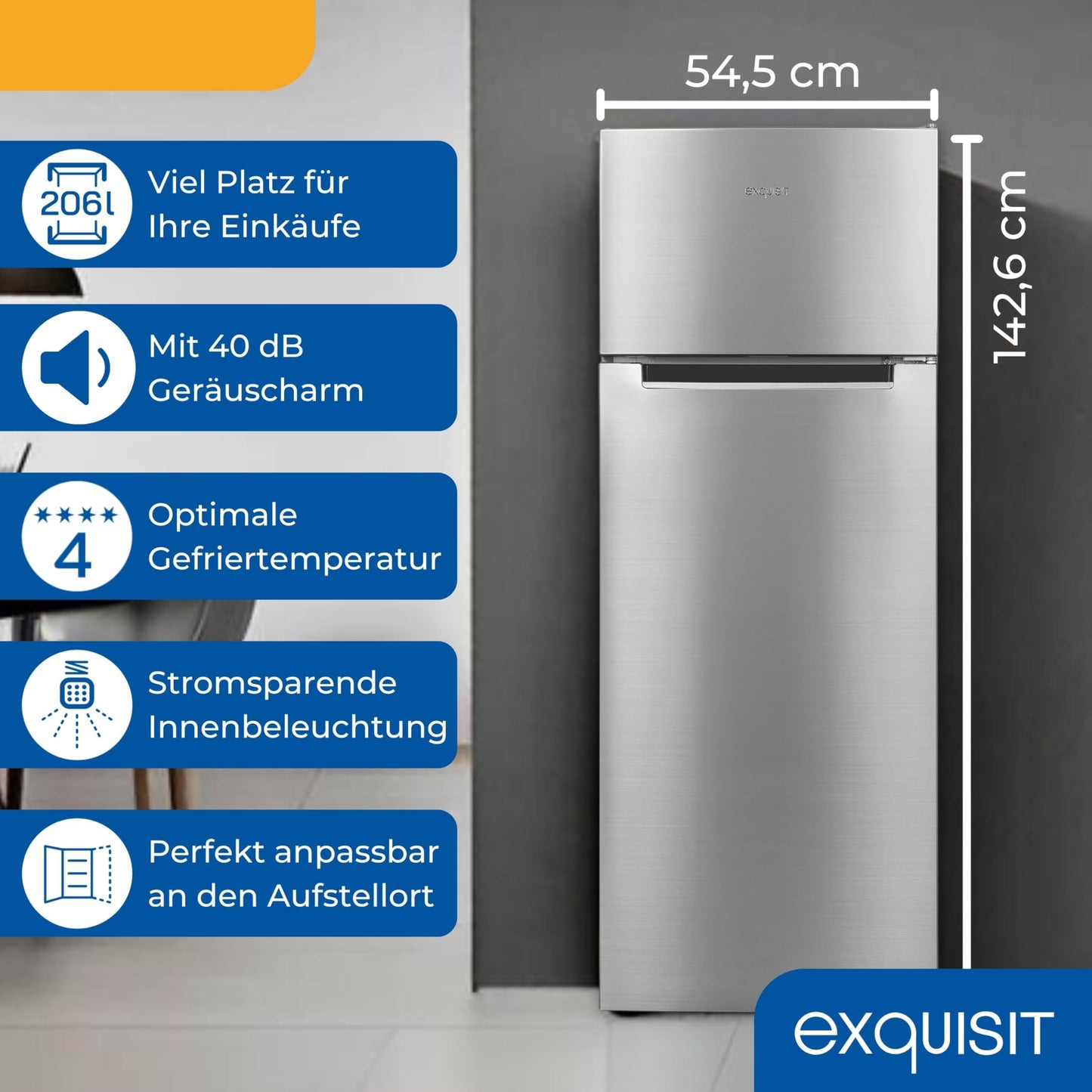 Exquisit KGC5270-45-040E Fridge-Freezer, 143 cm Height, Fridge Freezer, 4-Star Freezer, 206 Litres, Inoxlook