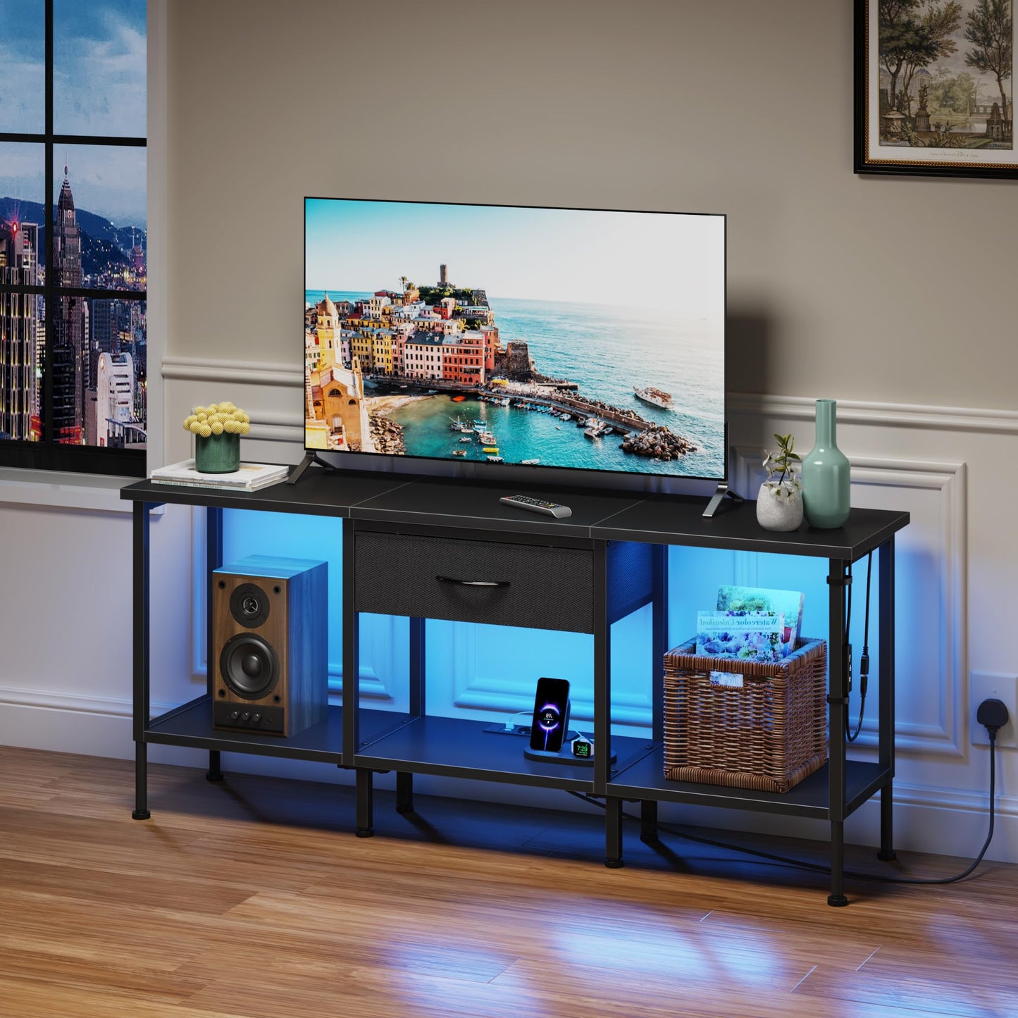 OYRREU TV Cabinet TV Stand Lowboard with Socket and USB Slots TV Cabinet with LED Lighting TV Board Table for TVs up to 55 Inches for Living Room Dining Room Bedroom Black