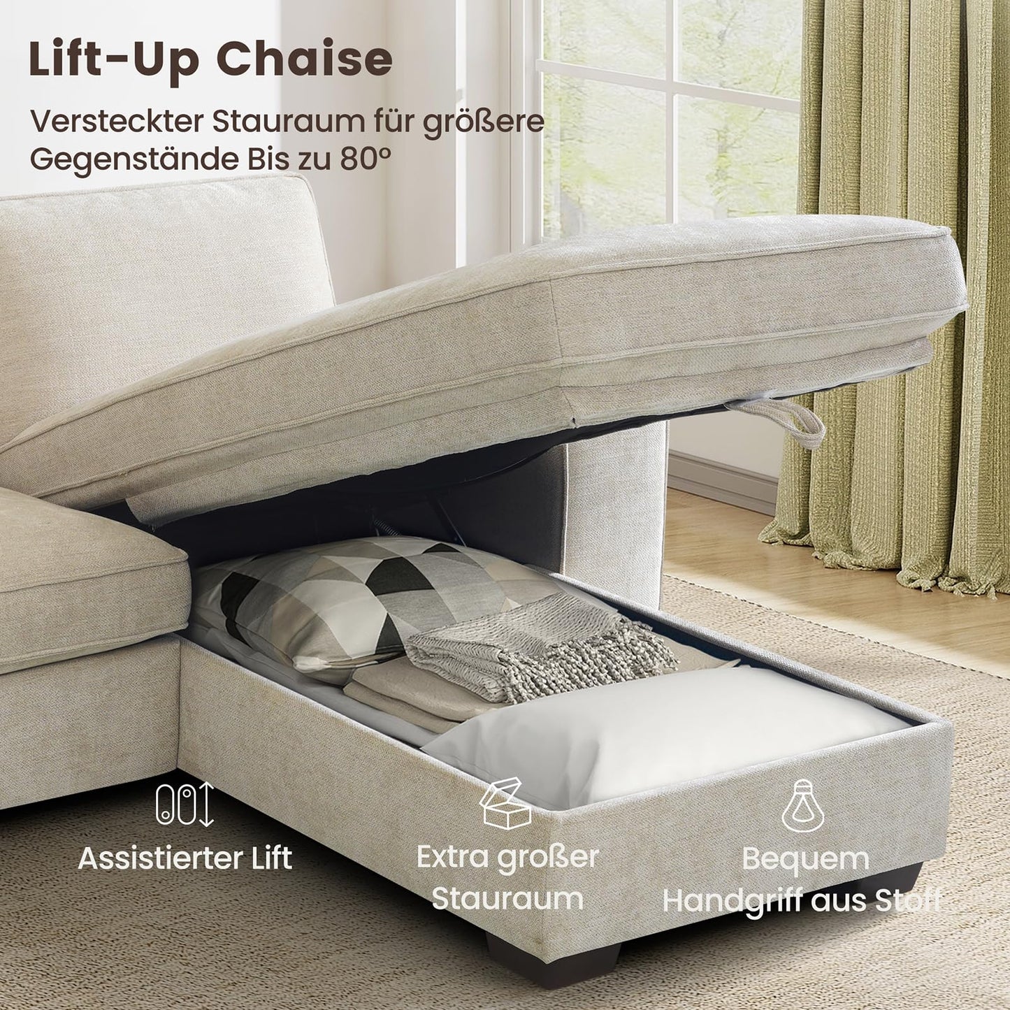 DUANDUAN 250CM Convertible Sektionssofa Couch mit Chaise Lagerung, Moderne L-förmige Reversible Design, Bequeme Chenille Stoff, abnehmbare Kissenbezüge USB Typ-C Ports Wohnzimmer(Beige)