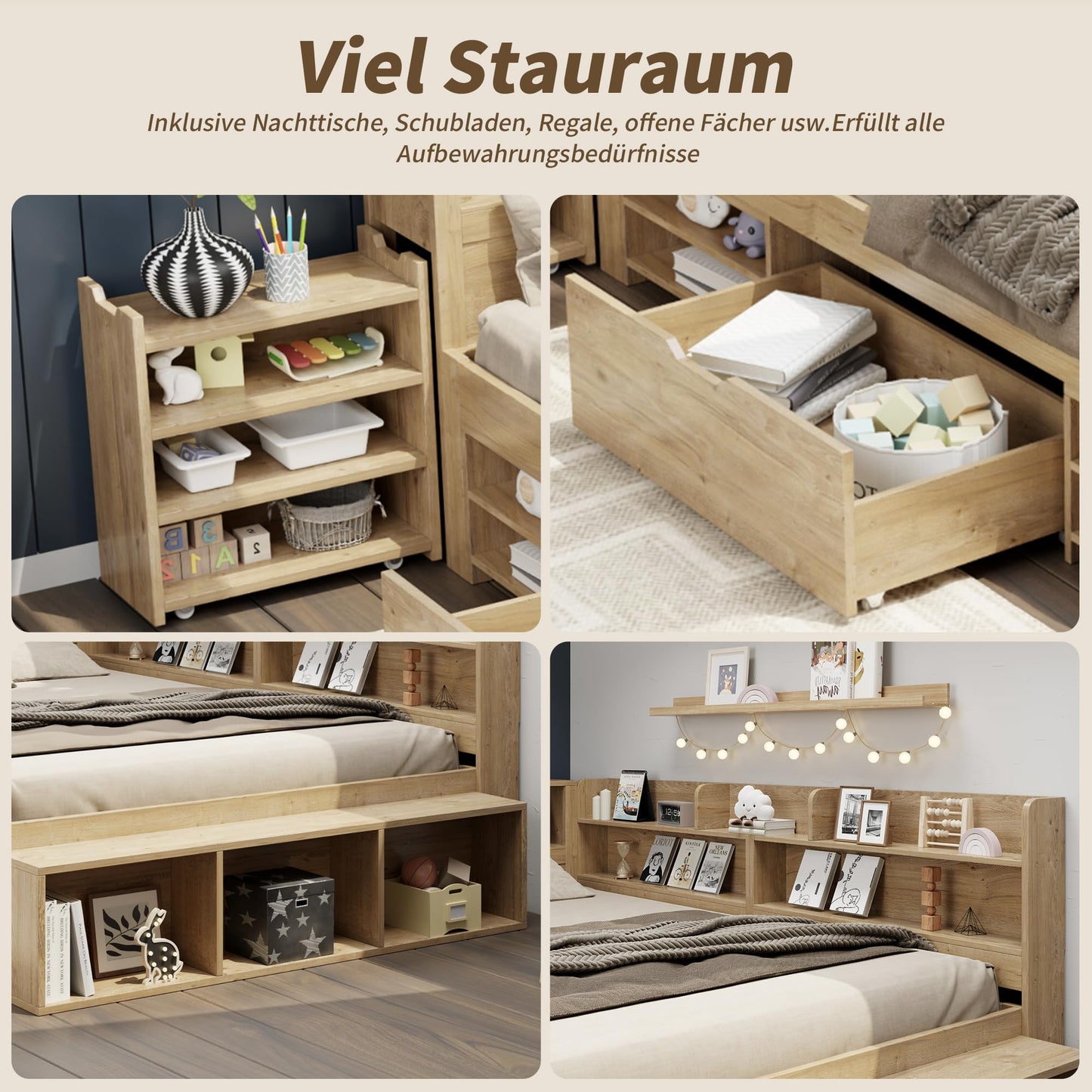 Children's Bed 90 x 200 cm, Wooden Bed with Drawers and Board, Headboard with Bookshelf and Fall Protection, Bed with Slatted Frame and Storage Space, Teenager's Bed, Functional Bed, Wooden Bed Frame,