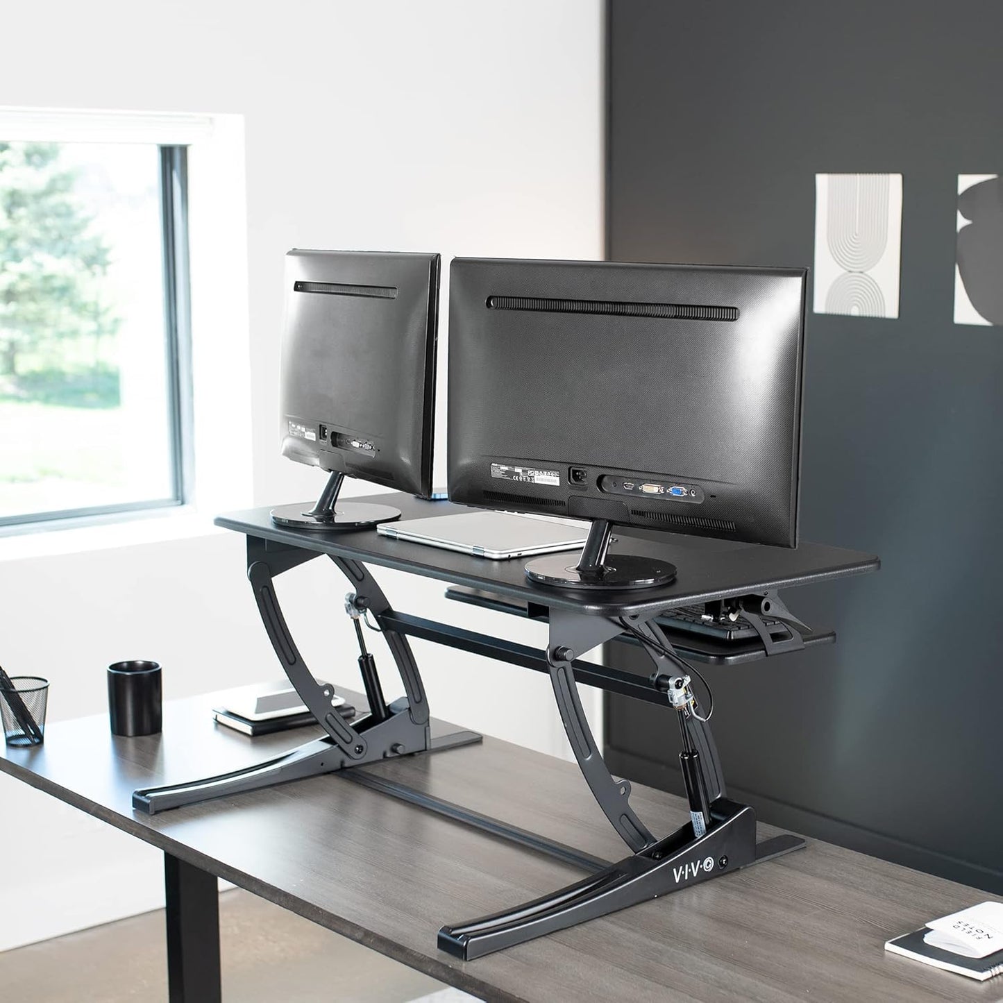 VIVO Black Height Adjustable 36 inch Stand up Desk Converter Quick Sit to Stand Tabletop Dual Monitor Riser, DESK-V000V