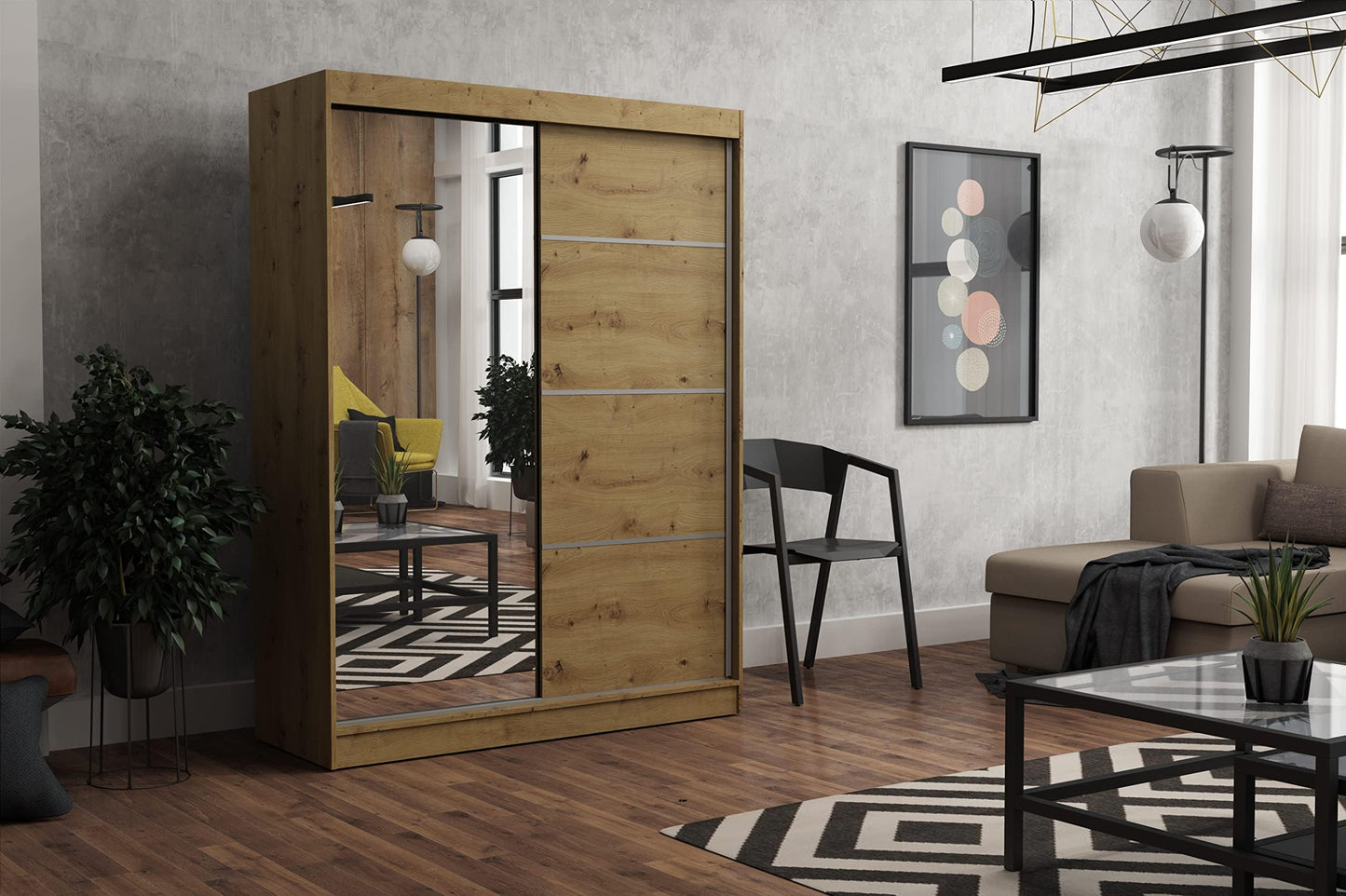 Brent - Tom Wardrobe with Mirror, 160 cm Wide, Bedroom Wardrobe with 1 Clothes Rail and Shelves for Clothes, Wardrobe Grey