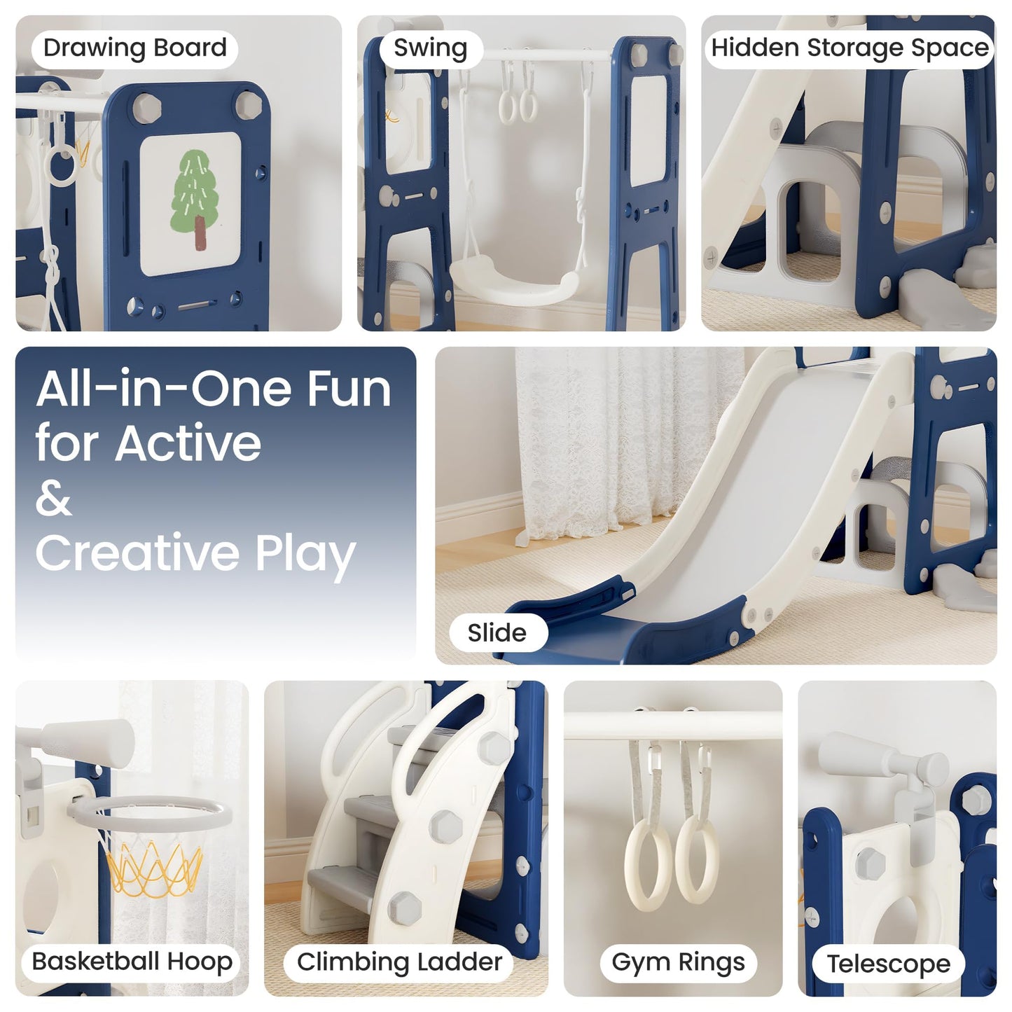 hoopyosms 8-in-1 Rutsche und Schaukel Set für Kleinkinder mit Whiteboard, Basketballkorb, Teleskop, Klettergerüst & Turnringen, Indoor Outdoor Spielplatz Aktivitätscenter für Kinder(Grün)