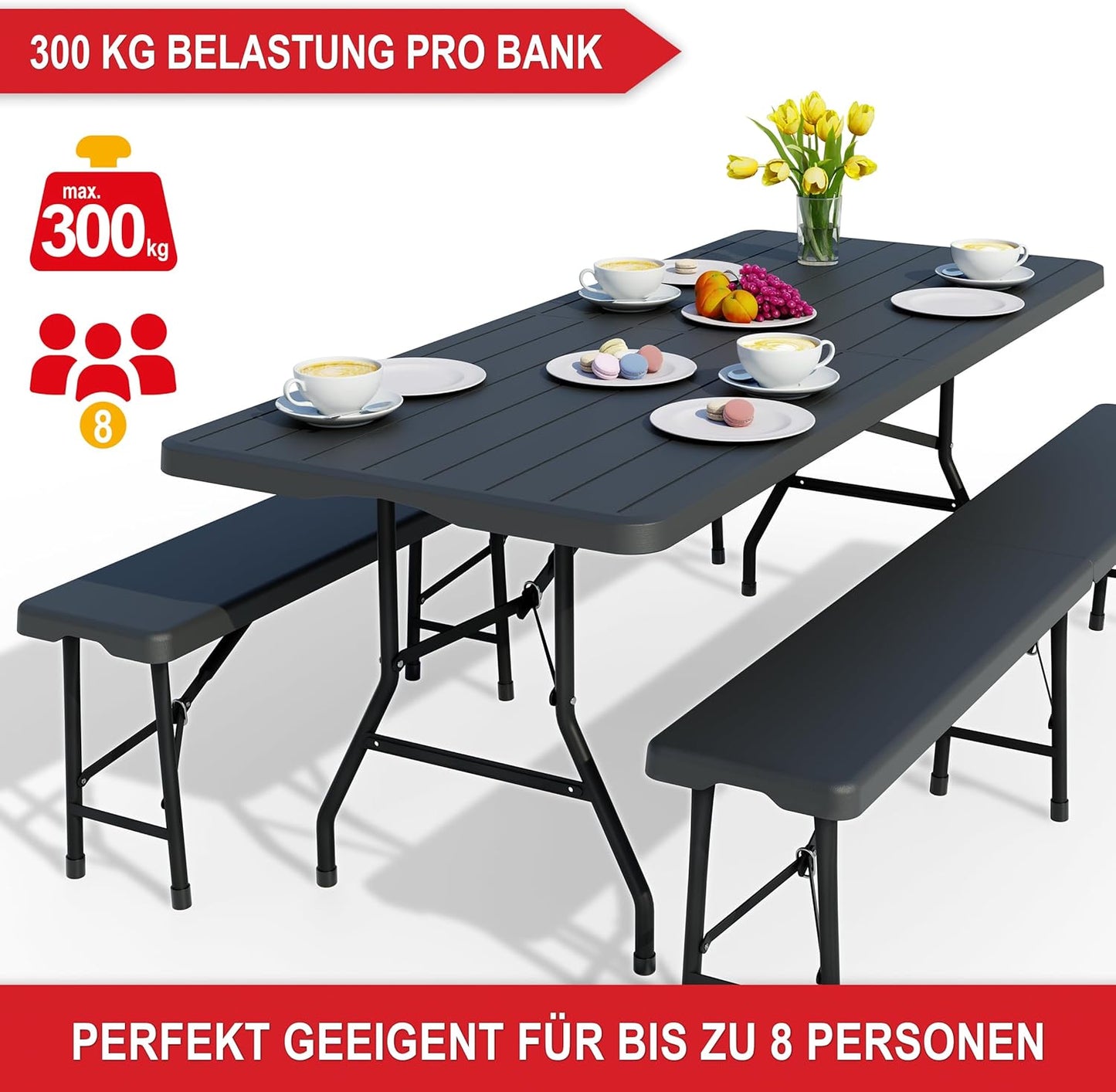 Onbest Bierzeltgarnitur in Holzoptik für 8 Personen – 3 teilig – Tisch mit 2 Bänken im Set – Biertischgarnitur aus robustem Kunststoff – klappbar – Tragegriff – 180 x 74 x 74 cm