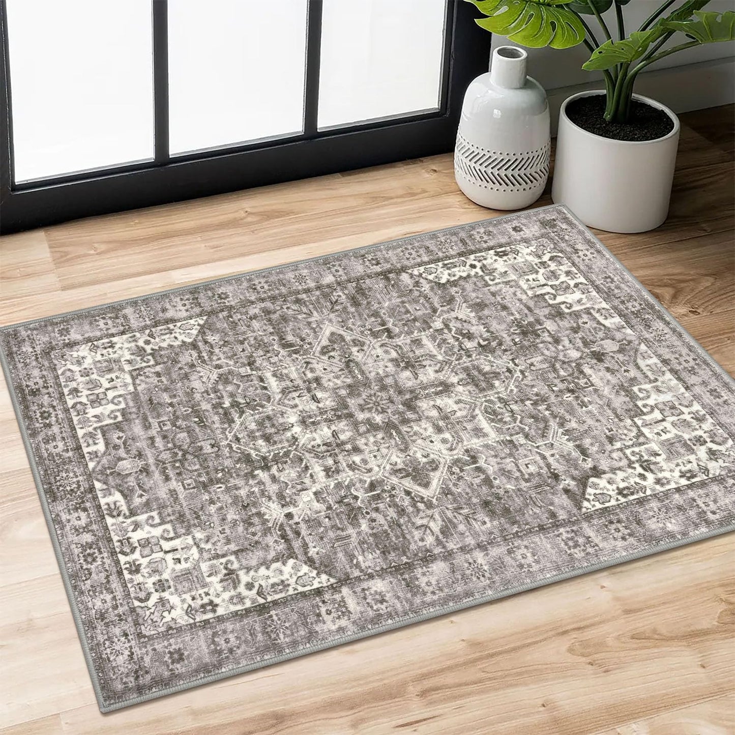 2x3 Blue Washable Rug for Entrance, Soft Traditional Area Rug, Non-Slip Printed Kitchen Rugs, Low-Pile Medallion Indoor Door Mat, Small Farmhouse Carpet for Entryway Kitchen Foyer Bedside