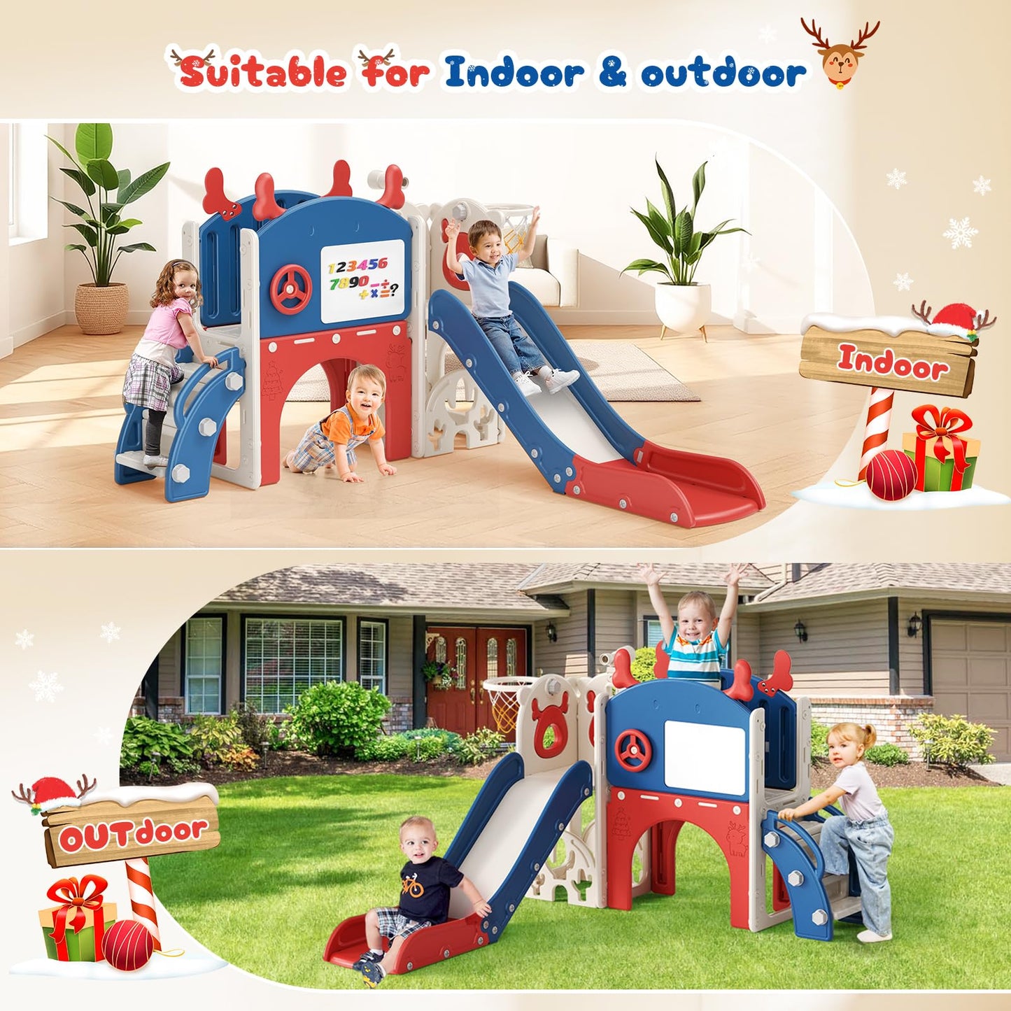 Krovtoy Kleinkindrutsche mit Weihnachtselch-Motiv, freistehende Kleinkindrutsche mit Golf-Set, Babyrutsche, Spielplatzgerät, für den Innen- und Außenbereich (Grau Beige - 6 in 1)