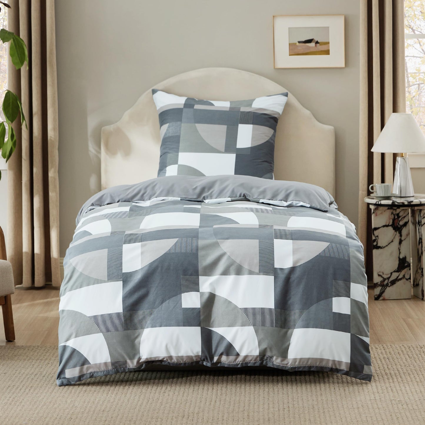 BEDSURE Bettwäsche 135x200 4teilig Bettbezug - Bettwäsche-Sets 135 x 200 cm 2er Set mit 2 Kissenbezüge 80x80cm, ÖKO-TEX Wendebettwäsche Bedding Zweige Grau Muster mit Reißverschluss