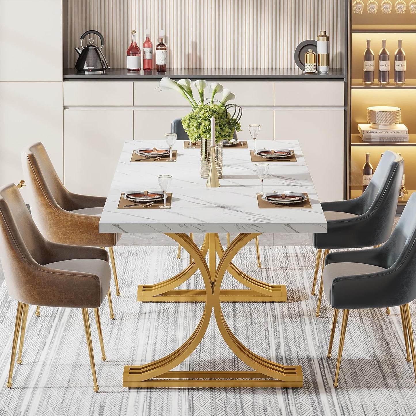 Tribesigns Dining Table for 4 to 6 People 160 x 80 cm Modern Kitchen Table with Faux Marble Top and Stylish Metal Legs, Large Dining Tables for Dining Room, Kitchen, White and Gold