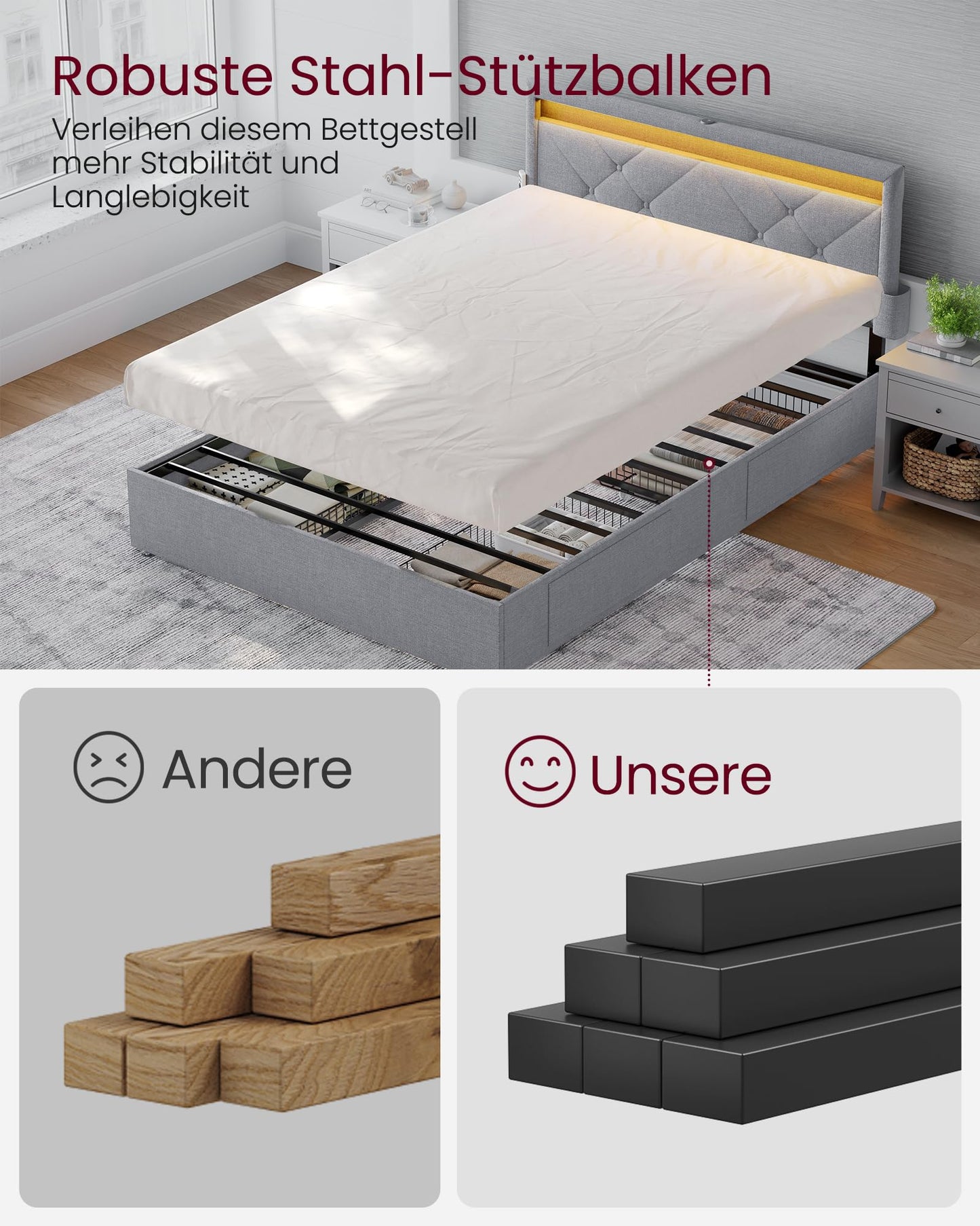 VASAGLE Double Bed Frame - Fits 140 x 200 cm Mattress - LED Metal Bed - 4 Drawers - Charging Station - Adjustable Padded Headboard - Slate Grey RMB827G02