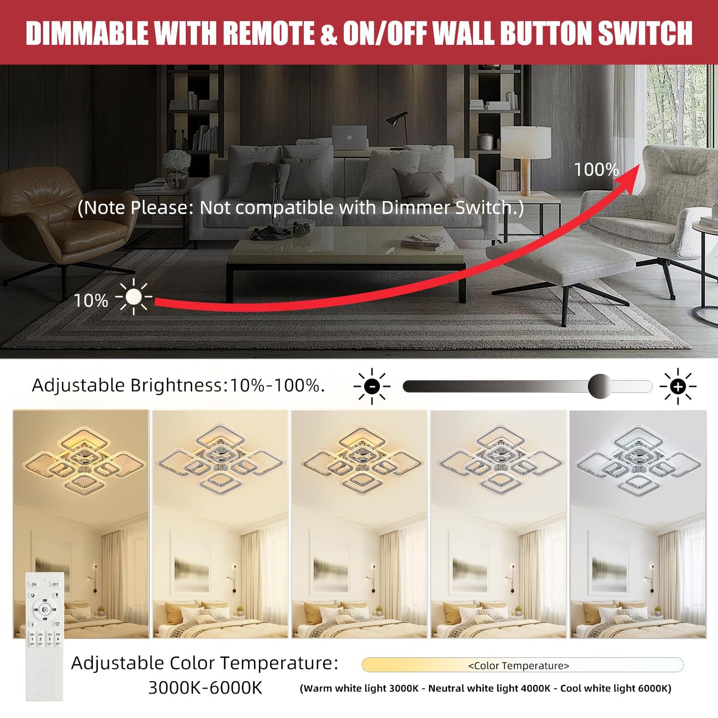 ZAITINZ Led Deckenleuchte,Wohnzimmerlampe 80W,Deckenleuchte Dimmbar mit fernbedienung 3000-6000K,5 Quadratische Deckenlampe Led,Moderne Deckenleuchten für Wohnzimmer,Schlafzimmer,Küche,Flur,Chrom